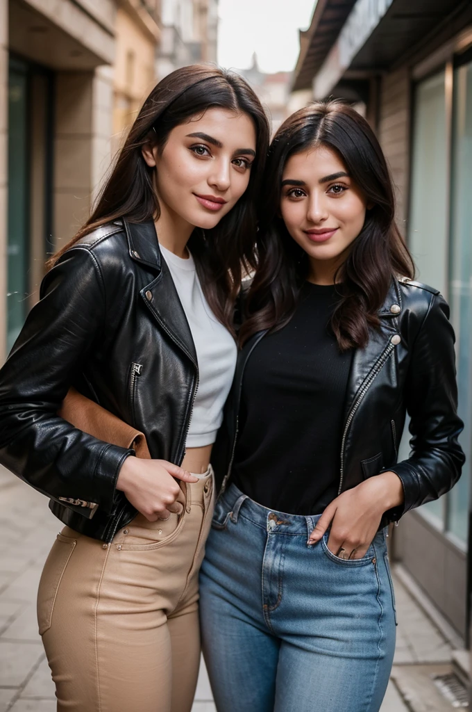 A young Armenian woman and a young Azeri woman, standing together, wearing urban comfy outfits with leather jackets and leather backpacks, genuine smiles, posing for camera, warm friendship, detailed faces, beautiful eyes, detailed lips, photorealistic, high quality, masterpiece, 8k, ultra-detailed, realistic, vivid colors, natural lighting, street fashion, lifestyle, portrait