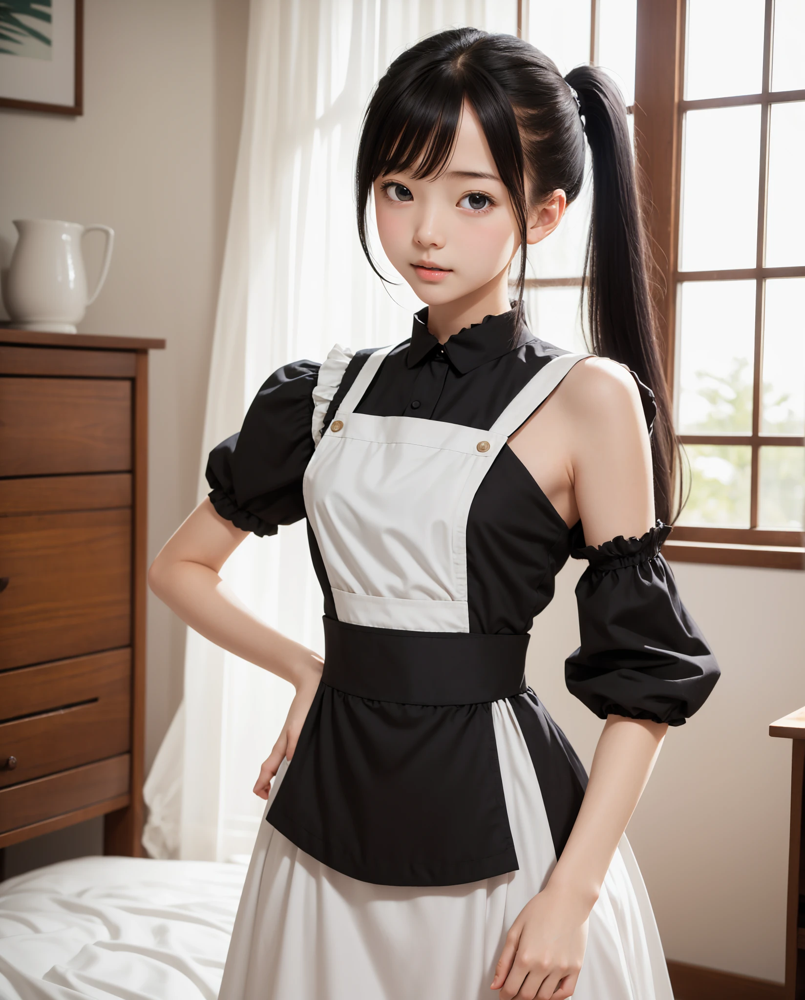 Maid,cute pretty girl,masterpiece,high definition,4k,8k,16k,pony tail,black hair,slender body