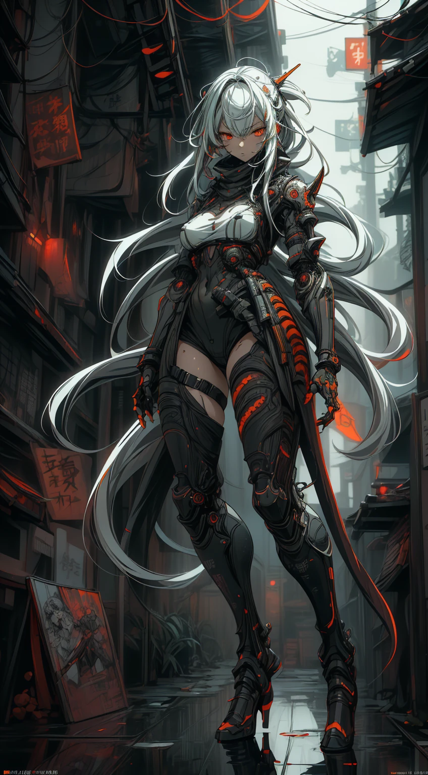 full body shot, Style by Tsutomu Nihei, ( high resolution:1.18),  complex details, ( masterpiece:1.1), ( Qualité supérieure :1.1), absurdres),(1fille, portrait, white hair, orange eyes,  Long Hair,  detailed eyes)