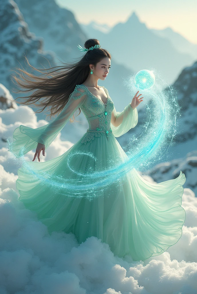 A beautiful woman with long flowing hair wielding an rainbow flaming ball, dancing in a snowy landscape, wearing a flowing sexy cheongsam dress, adorned with emerald jewels, her confident smiling face surrounded by swirling clouds against a mountainous backdrop, (best quality,4k,8k,highres,masterpiece:1.2),ultra-detailed,(realistic,photorealistic,photo-realistic:1.37),extremely detailed eyes and face,longeyelashes,intricate ice sword,dramatic lighting,moody atmospheric,fantasy,cinematic,digital painting