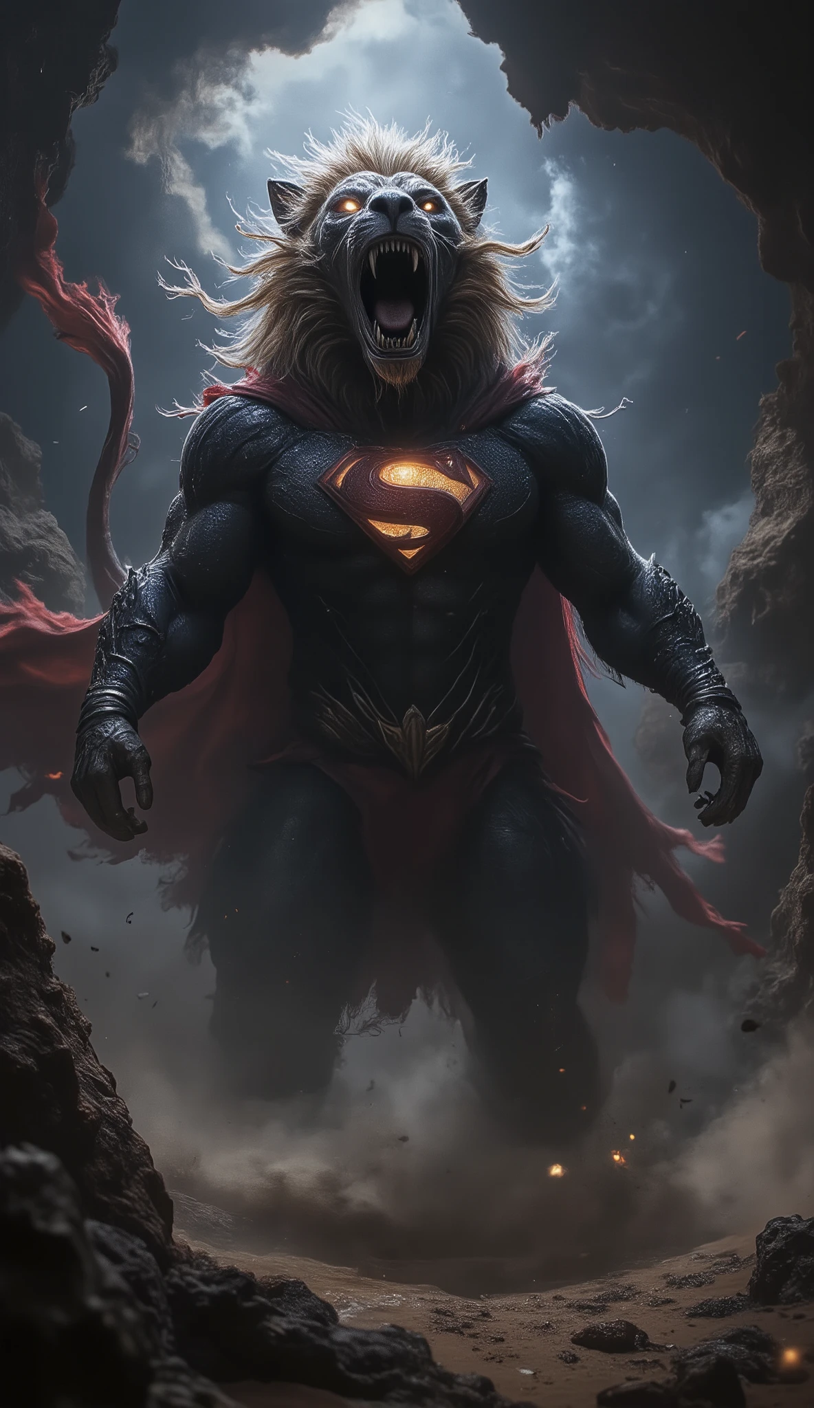 A colossal hybrid creature combining the strength of a bodybuilder with the heroic essence of Superman. Its muscular physique is clad in a sleek blue costume, complete with a glowing 'S' emblem on its chest. The creature's lion-like head, crowned with a wild, flowing mane, is tilted back as it roars ferociously, its expression filled with raw emotion and fury. The camera angle is slightly from the front and to the side, enhancing the imposing presence of the creature. Suspended mid-air in a commanding, upright position, it exudes an aura of unstoppable power and rage. A vibrant red cape flows ominously behind it, whipping in the wind. The scene unfolds under a dark, stormy night sky, with a faint, eerie glow from a partially obscured moon. The desert is shrouded in shadows, and swirling sand mingles with floating debris, amplifying the intensity and foreboding atmosphere of this epic moment.