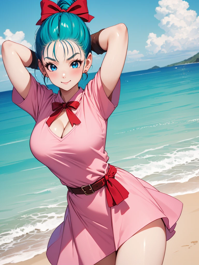 perfect anatomy, super detailed skin, (bulma, blue eyes, blue hair, aqua hair, single braid, braided ponytail, red ribbon, hair bow, earrings forehead:1.2), masterpiece、 best quality、masterpiece,  high definition , 8K quality,  perfect face, 1 girl, beautiful face, beautiful detailed eyes, Alone,  beautiful face、blush, frown, Glossy lips, red cheek, large breasts,  cleavage, Wide hips、 Tight Waist 、wearing a smug expression, confident smile, (short dress, pink dress, vertical-striped dress, short sleeves, belt, clothes writing, brown gloves, single glove), (panties:1.2), thigh, arched back, arms behind head, cowboy shot, Private beach, natural sunlight, 