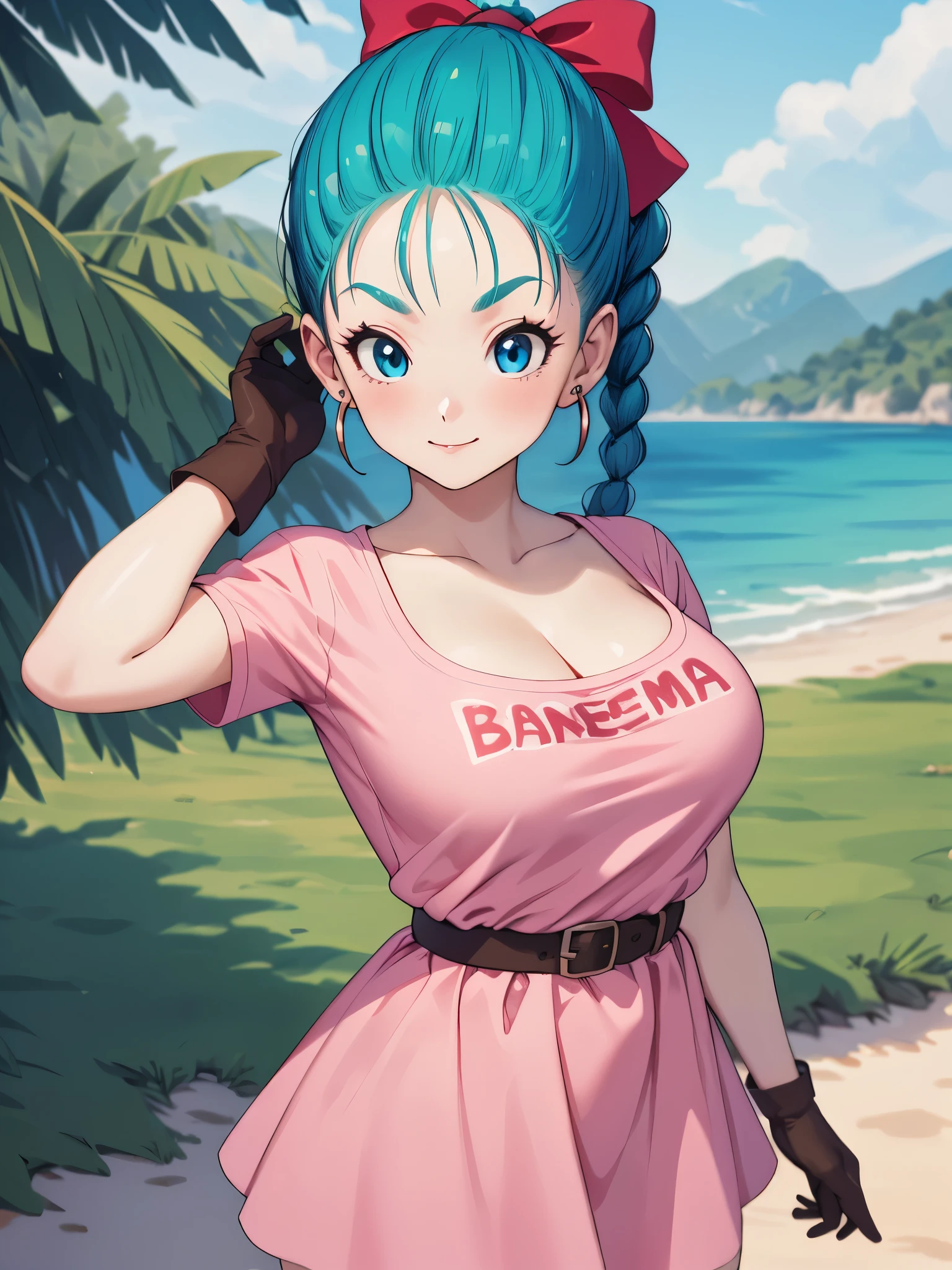 perfect anatomy, super detailed skin, (bulma, blue eyes, blue hair, aqua hair, single braid, braided ponytail, red ribbon, hair bow, earrings forehead:1.2), masterpiece、 best quality、masterpiece,  high definition , 8K quality,  perfect face, 1 girl, beautiful face, beautiful detailed eyes, Alone,  beautiful face、blush, frown, Glossy lips, red cheek, large breasts,  cleavage, Wide hips、 Tight Waist 、wearing a smug expression, confident smile, (short dress, pink dress, vertical-striped dress, short sleeves, belt, clothes writing, brown gloves, single glove), (panties:1.2), thigh, arched back, arms behind head, cowboy shot, Private beach, natural sunlight, 