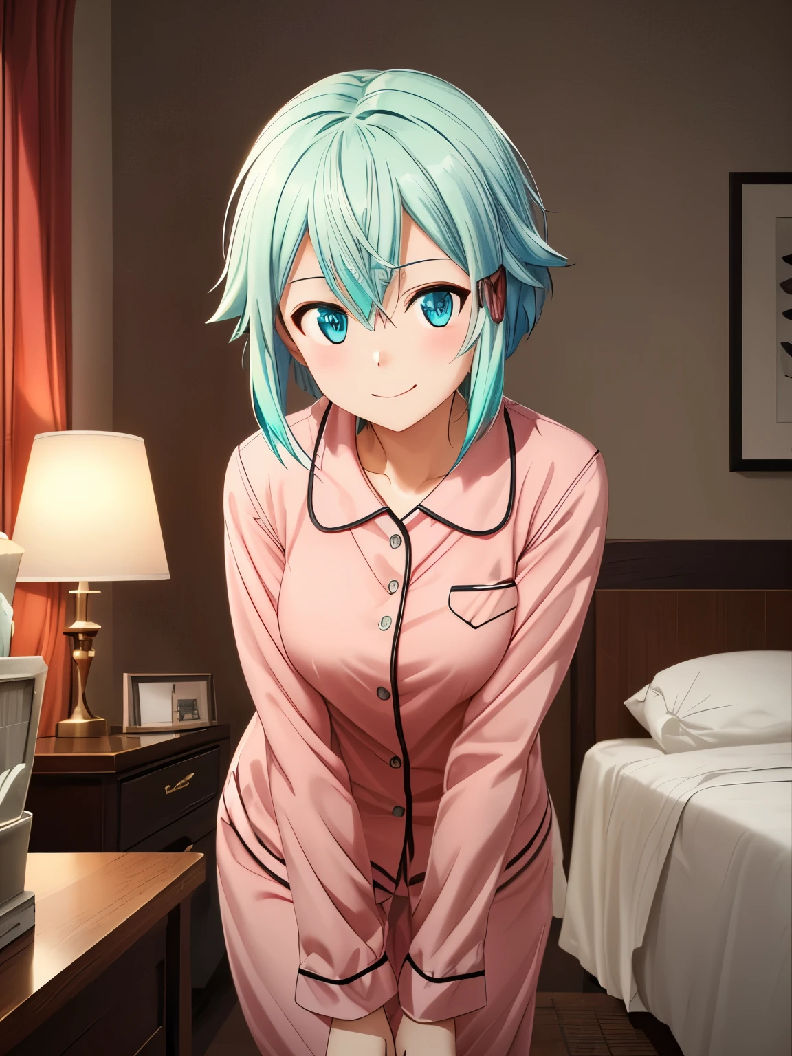  high definition 、 best quality、 super quality、Chinon、3D Images、smile、 smiling、Embarrassed、 one girl who is at ease、solo、 shot from the front、Light green hair、 short hair 、Attractive light blue eyes、 bob cut from the front、 very detailed CGユニティ8k壁紙、[3D Images:1.1]、 charming eyes、 [ detailed eyes on board、 colorful eyes、Shining Eyes:1.5]]、 super detailed、Detailed front view of fingers 、 cinematic lighting 、Chinon、bedroom、bet、 Red pajamas、 in pink pajamas、 closed mouth、smile、  very detailed face in light blue underwear、  very detailed CG、 cowboy shot、 beautiful thighs、(Leaning forward:1.0)