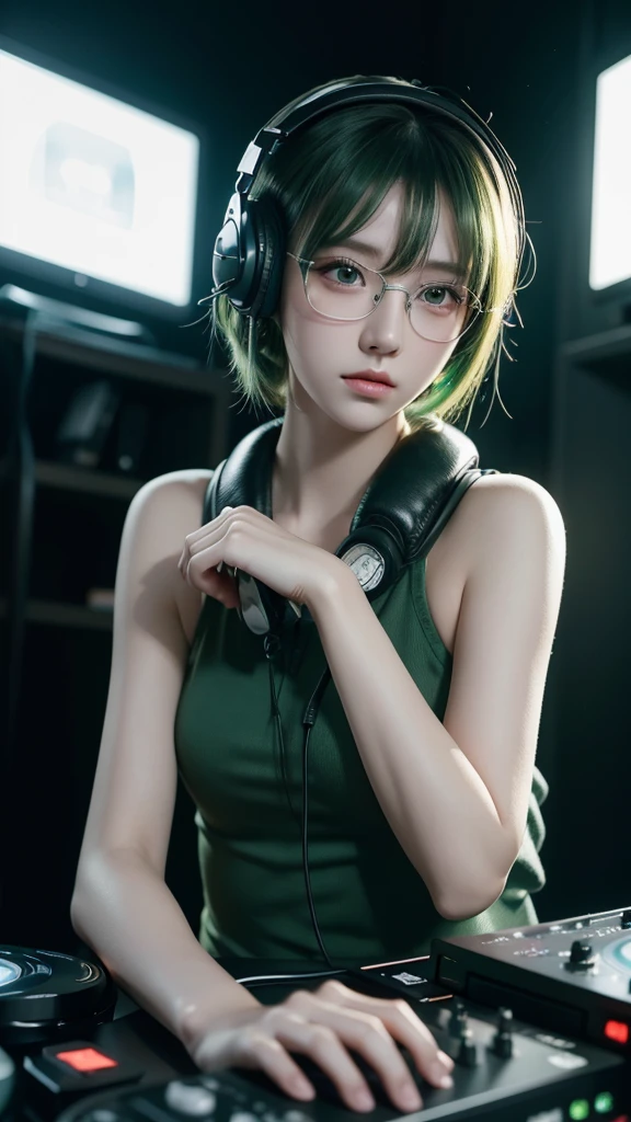 Anime, DJ Girl, DJ, DJ girl,  headphones , Highly praised, ( High Quality),masterpiece, best quality,extremely   Details CG wallpaper, Ultra_  Details,( cinematic lighting :1.1), (Cold Face), Green Eyes,  1 girl, Alone, Dark Green_hair, short_hair, masterpiece,  best quality, Glasses