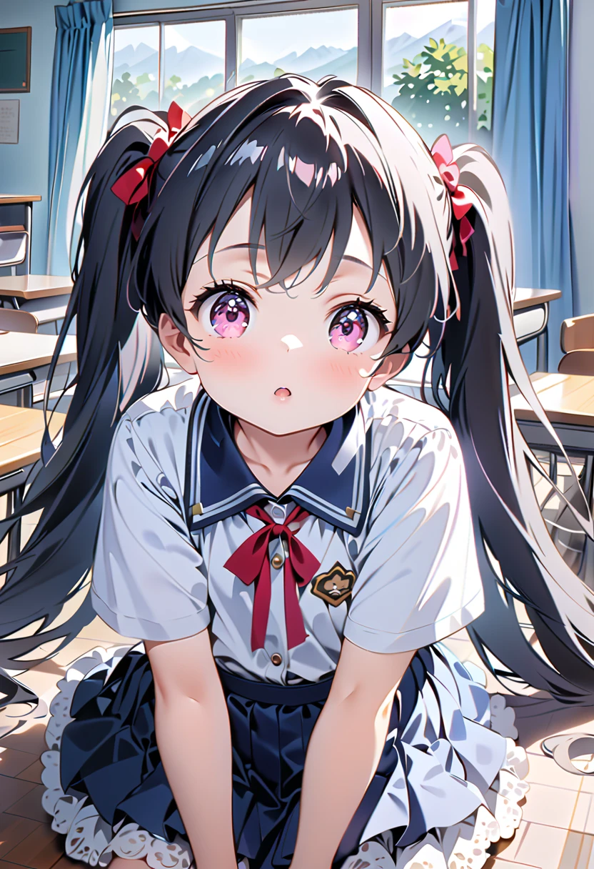 UHD、 masterpieces、High image quality、 High Details 、 High Quality 、break、1 Girl、((cute))、cute、(( Very detailed))、break、 **************************、Close、Shut your mouth.、Big Eyes、( pink eyes)、frosted eyes 、break、 dull bangs、 black hair、 twin tails、 super long hair、break、uniform、Short sleeve shirt、 pleated skirt、トップレスbreak、classroom、 beautiful view from window 、 close-up panties 、Looking into the camera、(cuteピンクのパンティーの見せ方:1.3)、break、 sitting at a desk 、 spread legs 、 on your knees、break、 garter belt、( black lace legwear :1.2)