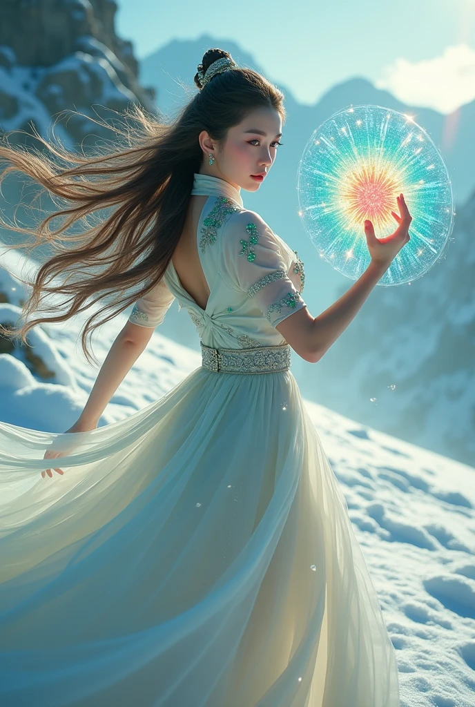 A beautiful woman with long flowing hair wielding an rainbow flaming ball, dancing in a snowy landscape, wearing a flowing sexy cheongsam dress, adorned with emerald jewels, her confident smiling face surrounded by swirling clouds against a mountainous backdrop, (best quality,4k,8k,highres,masterpiece:1.2),ultra-detailed,(realistic,photorealistic,photo-realistic:1.37),extremely detailed eyes and face,longeyelashes,intricate ice sword,dramatic lighting,moody atmospheric,fantasy,cinematic,digital painting