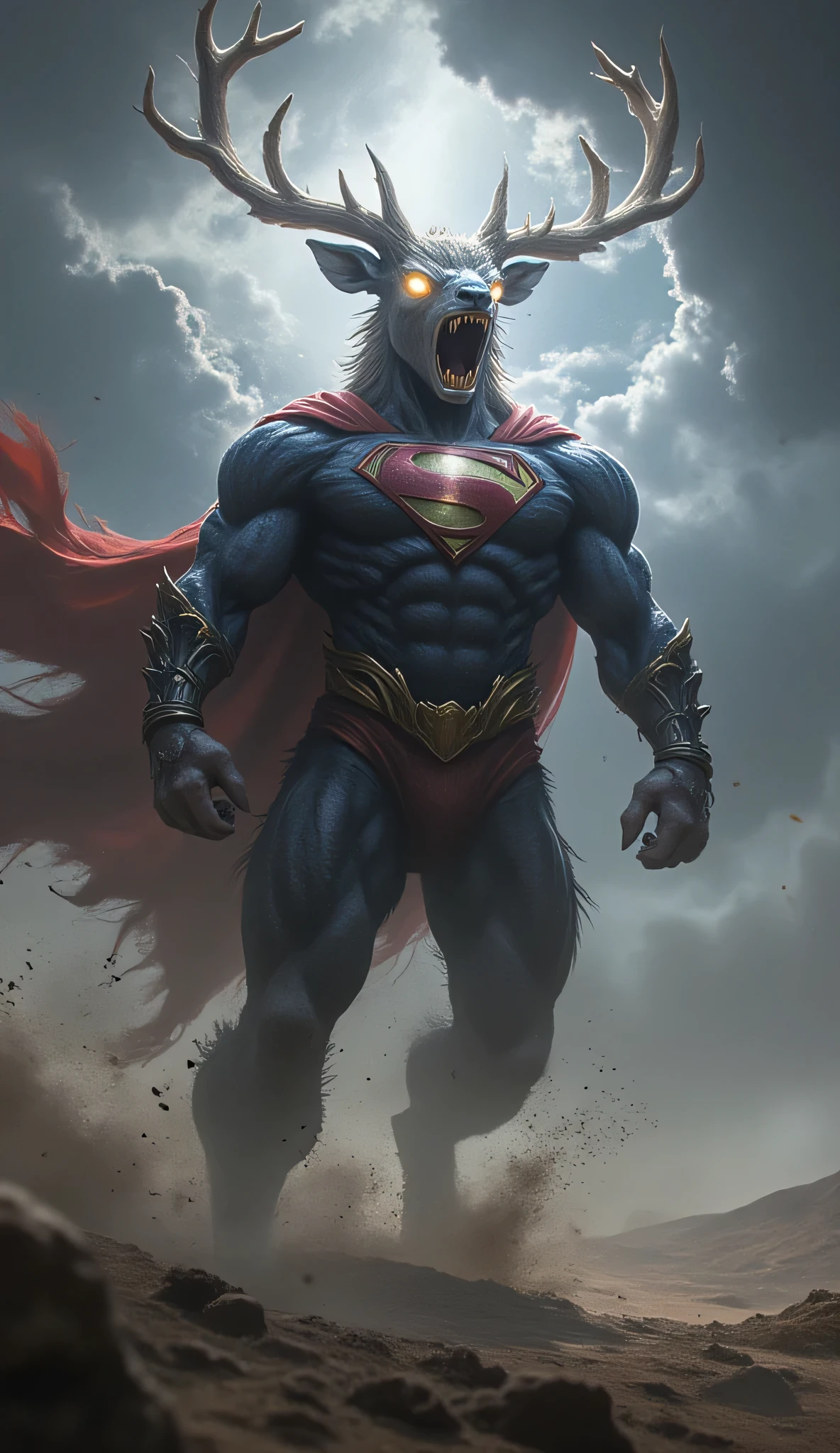 A powerful hybrid creature combining the muscular strength of a deer and the heroic features of Superman. The creature has a muscular, bodybuilder-like build, with prominent, bulging muscles on its arms and legs. Its face is a fierce deer’s head, with glowing eyes that radiate intensity and power. The body is covered in a tight, blue superhero suit, adorned with the iconic yellow 'S' emblem on the chest, and armored plating on the shoulders and chest. The creature wears a flowing red cape that sways in the wind, emphasizing its imposing presence. It lets out a thunderous roar, sending shockwaves through the air, with its mouth wide open, showing sharp teeth. The creature stands upright, firmly planted, ready to charge with its powerful, muscular legs. The background shows a vast, barren field under a dark and stormy sky, with strong winds blowing sand and debris around, creating a tense and dramatic atmosphere.