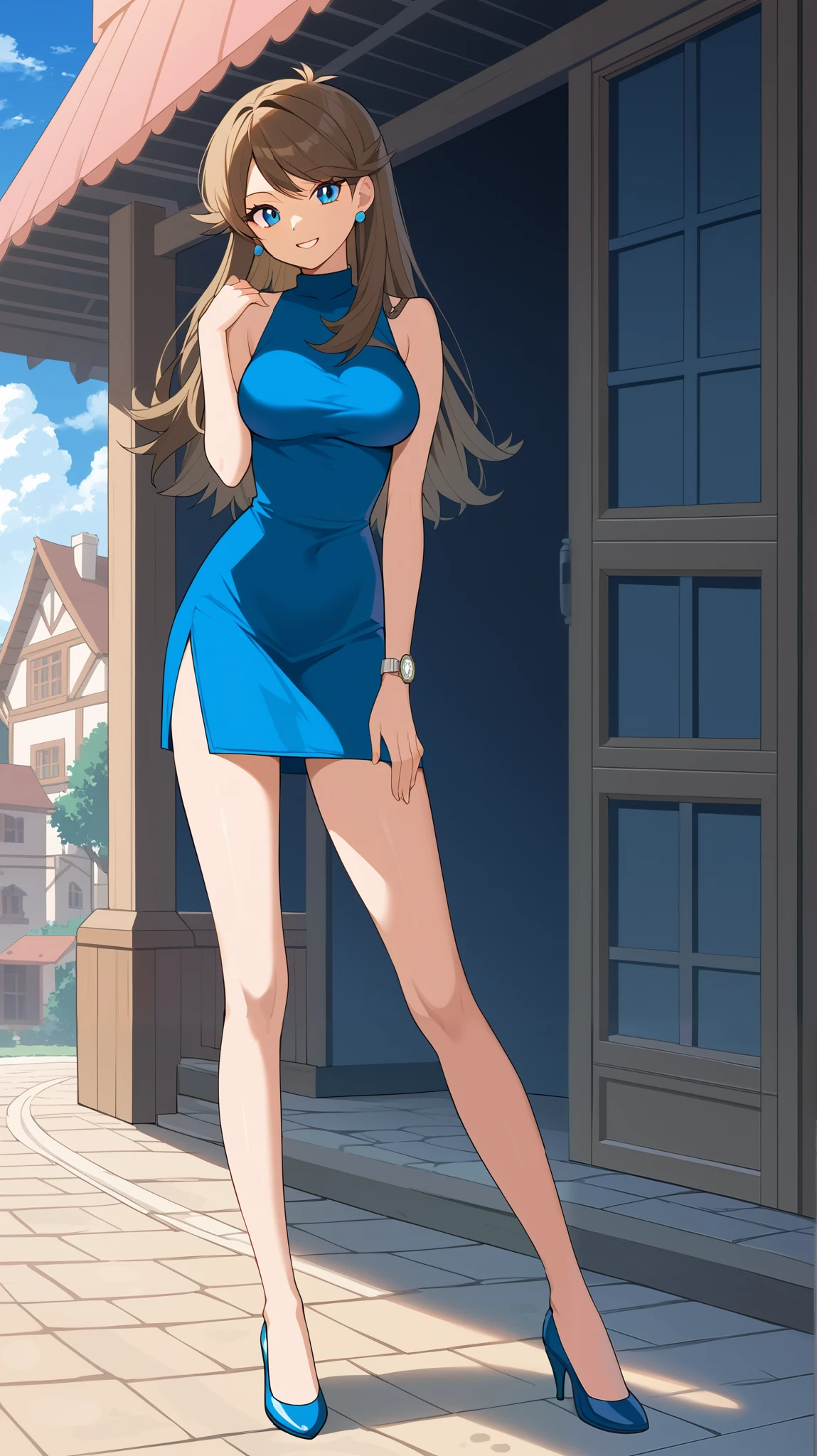  score_9,  score_8_Excellent,  score_7_Excellent,  score_6_Excellent,  best quality,  source_Anime,  cell shading ,  Flat Color , vector,  detailed background, town, building,  break 1 girl , Alone, (\ Pokémon\),  brown hair, Long Hair,  blue eyes, Ample breasts,  watch viewers , 1 Female, Age 18,  standing, whole body,  slim figure, smile, Outdoor,  seductive smiles from all around, 挑発的なsmile, Blue sleeveless shirt, green long slit skirt, barefoot,  put one hand on the lower back ,  Tall,  high heels, bare hands, No gloves,