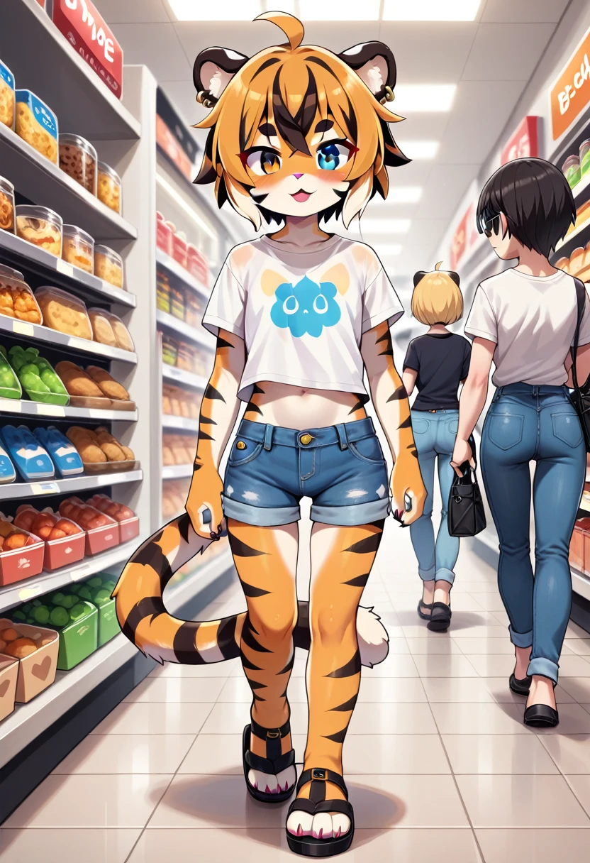 masterpiece, high resolution, best quality, (furry tiger girl, baby body, baby height, flat chest, animal face, animal skin, animal fur, tiger ears, tiger tail), heterochromia, multicolored hair, short hair, piercing, makeup, tattoo, sunglasses, shirt, denim shorts, sandals, walking through a clothing store, public