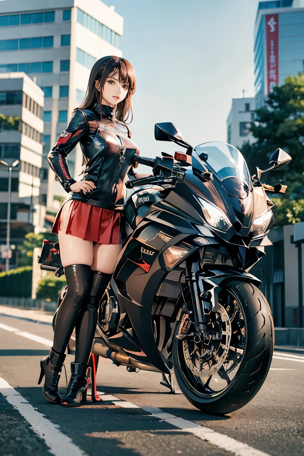 (((Large motorcycle facing front and two girls on both sides)))、(((Black Bunny Girl Hair Band)))、(((Twin-tailed)))、(((Hair that flutters in the wind)))、Photorealsitic、超A high resolution、Convoluted、ultra-detailliert、(dent in the skin)、Cute、Feminine、Detailed body、Medium chest、(A detailed face: 1.1)、(Outline of the iris)、(Hydrocore Lens)、(perfect  eyes)、4K、Beautiful fece、(​masterpiece: 1.2)、(top-quality:1.2)、wide-hips、slenderbody、Black theme、Optimal ratio of 4 fingers to 1 thumb、actionpose、((Enamel Knee High Boots))、((Enamel Long Gloves)) 、(((maikurobikini)))、(((Bunny girl collar and black bow tie)))、(((Accurately depict limbs))))、NSFW、Large motorcycle in the rear、(((Night Circuit)))、((Large Motorcycle Racing))