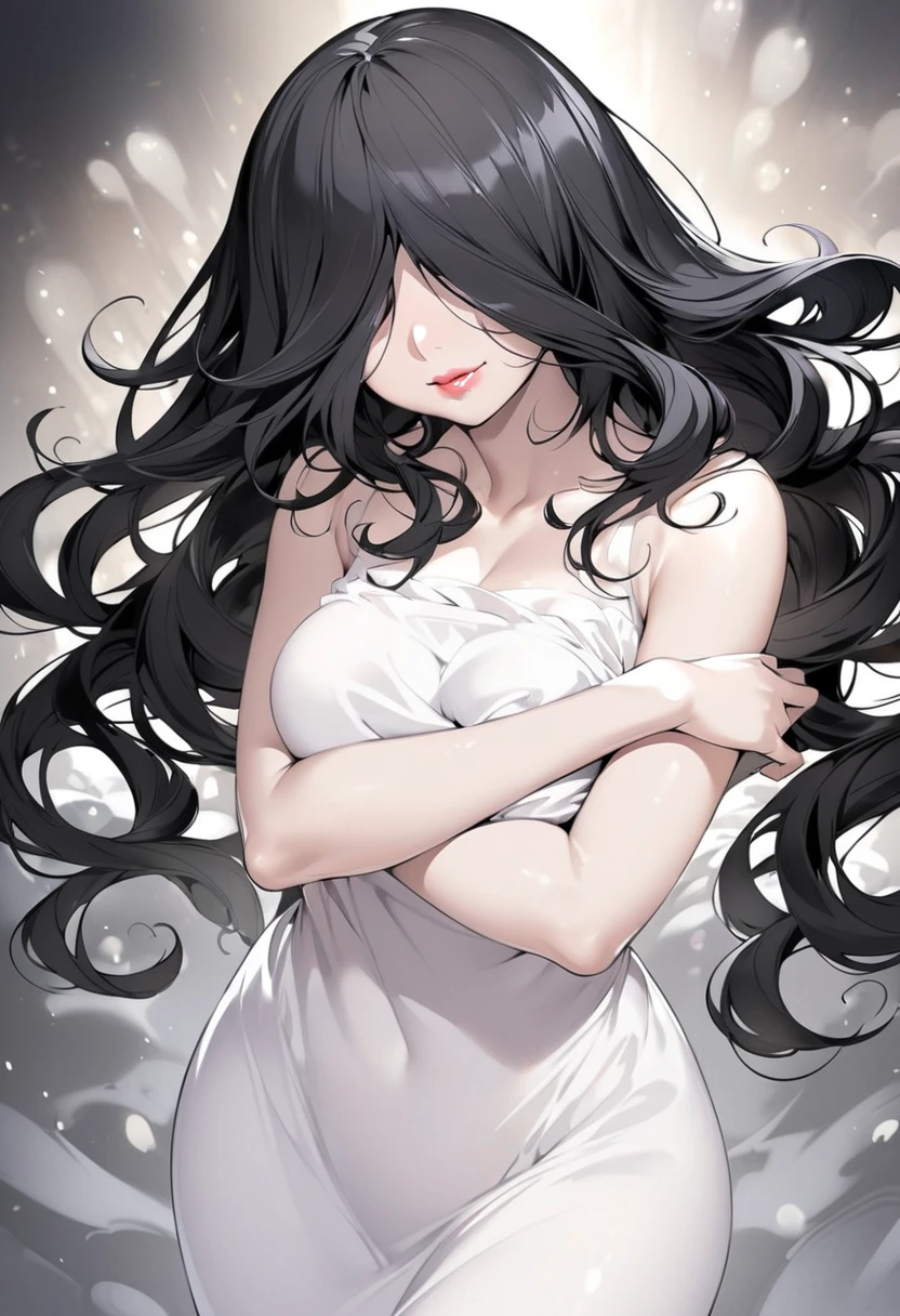 1 girl, ghost sheet, all simple drawings. Anime, beautiful. wearing a white dress, ghost girl, shep is facing the camera, black hair, sheet ghost style, beautiful squinting eyes, standing, beautiful figure, long hair, simple dress, discreet dress, veiled silk fabric , 