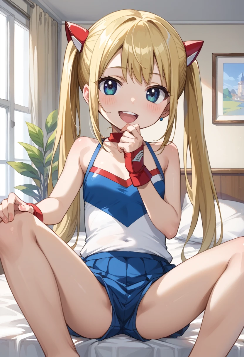 (( best quality)), ((masterpiece)), (be familiar with),  perfect face, indoor, bedroom,  putting their fingers in their lips,
One woman, Wendy Marvel,
 characters with open mouth ,  ecstatic expression with hands in front of body, blush, smile,
Small breasts,  flat chested, Young girl, Lori,  s,  girl,
 long hair,  twin tails,
Leg spread,