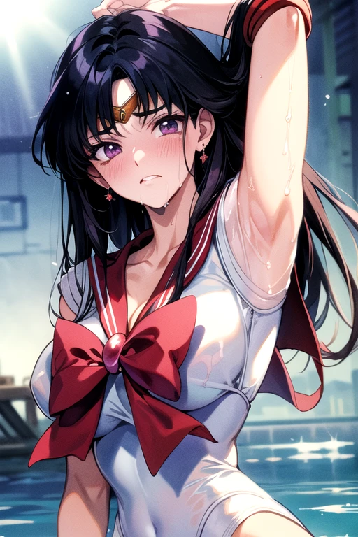 (Very detailed),Mid-chest, Detailed hands, Sailor Mars,I'm injured、On one knee、(((Crippling)))、(((Her costume is torn and her skin is showing)))、Bleeding、enduring pain、(((Hands tied)))、(((He is in agony after receiving a fierce attack from the enemy.)))、(((Being tied up with rope)))、Crucified、(((Crippling)))