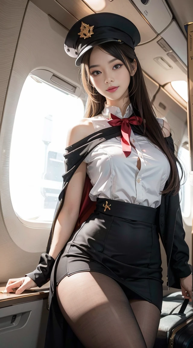 tmasterpiece,super-fine,Best quality at best,1girll,flightattendantuniform,Leaky big breasts,Leaky thighs,On the plane,Open navel,Leaky collarbone