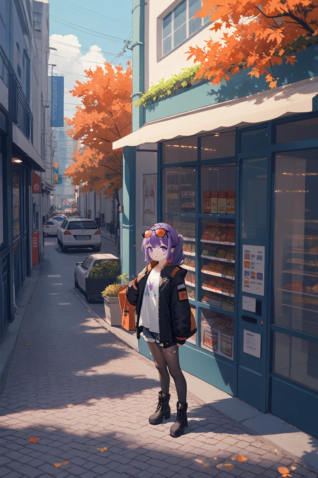 artist:ciloranko, [[artist:nai3]],ask (askzy),omone hokoma agm, 

1girl,rim light,best quality,amazing quality,very aesthetic,intense shadows,masterpiece, best quality, 

autumn, street, shop,

bangs,pretty eyes, purple eyes, eyewear on head, black jacket, jacket on shoulders, shirt, shorts, pantyhose,boots,