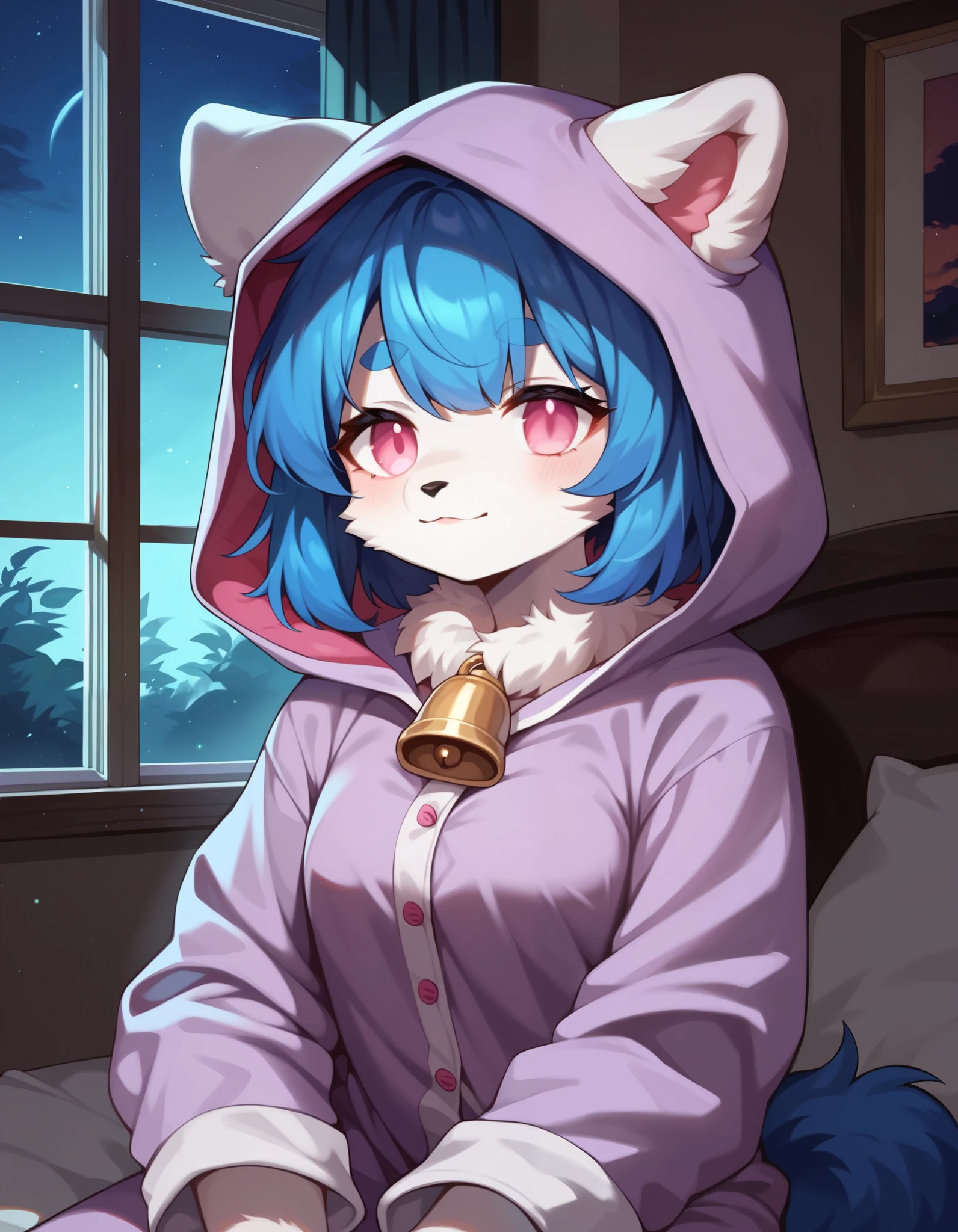 score_9, score_8_up, score_7_up, 1girl, solo, no humans, furry, fluffy fur, Wlkindredxl, anthro, white fur, white hands, shadow face, pink eyes, no pupils no mouth, animal hood, sidelocks, blue hair, pajamas, purple onesie, fur tuft, long sleeves, neck bell, upper body, cowboy shot, night, bedroom, pillow, sitting, window, hands on legs, close up, shadowperson 