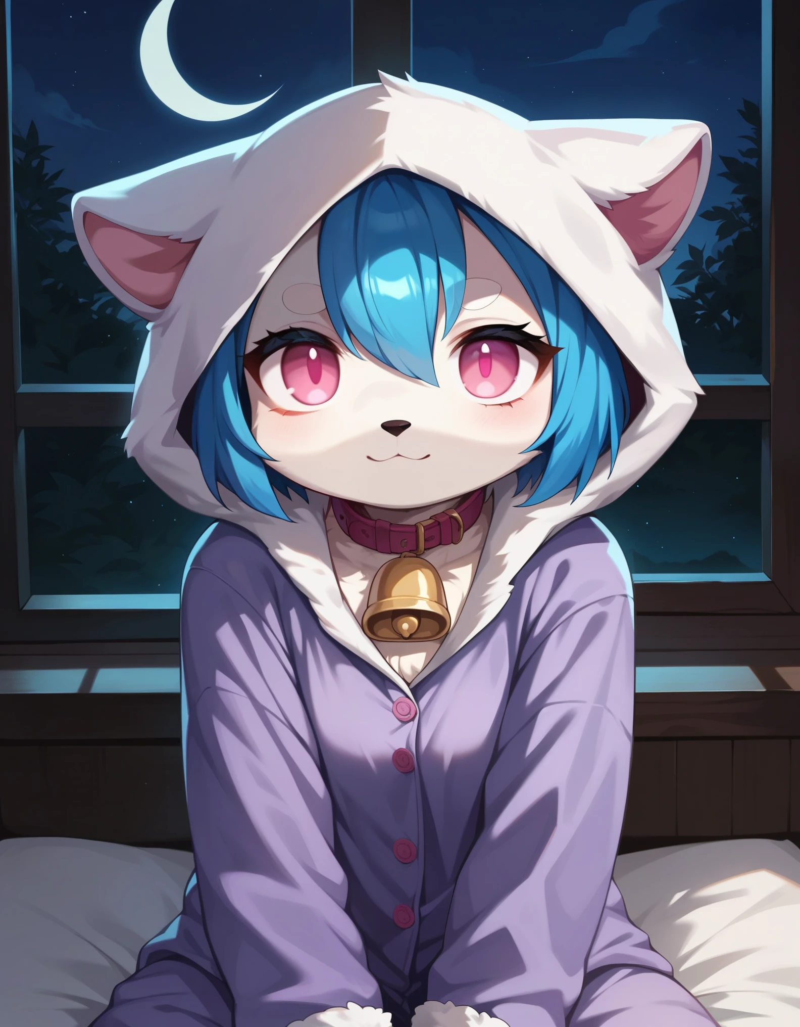 score_9, score_8_up, score_7_up, 1girl, solo, no humans, furry, fluffy fur, Wlkindredxl, anthro, white fur, white hands, shadow face, pink eyes, no pupils no mouth, animal hood, sidelocks, blue hair, pajamas, purple onesie, fur tuft, long sleeves, neck bell, upper body, cowboy shot, night, bedroom, pillow, sitting, window, hands on legs, close up, shadowperson