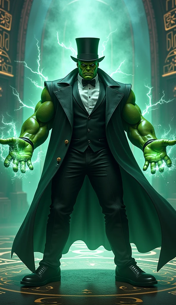 "((Highly detailed)), ((super realistic)), ((4k image)), ((color balance)), Frankenstein Monster, wearing black leather suit, green face, black hair, leather glove, black sunglasses, gold watch, chain, in the center of the scenery, holding a small sphere, posing for photography, neutral theme, (no duplications)."