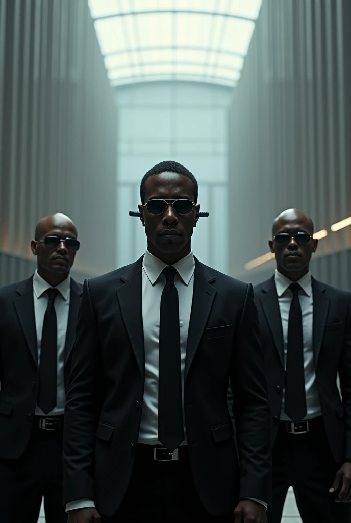 Several men are standing, in einer Reihe, in einem Wald, Wearing business suits and gas masks, It's gloomy and foggy, Realistischer Lichteinfall, realistische Schatten, Details, fotorealistisch