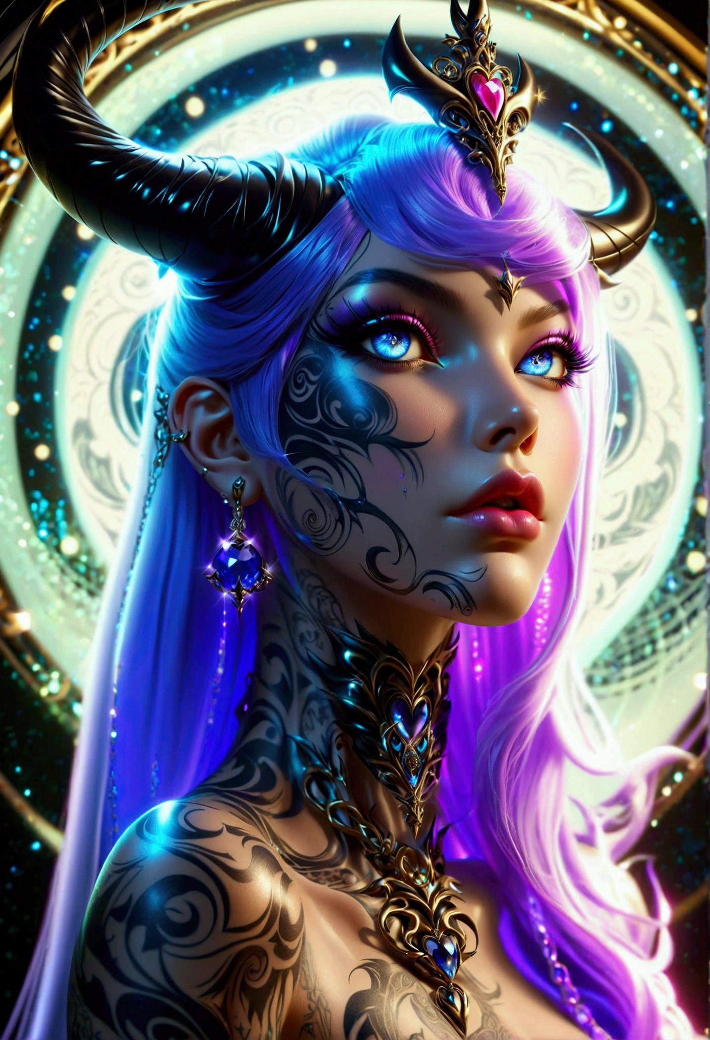 beautiful digital artwork, beautiful digital art, detailed beautiful face, 10k high quality detailed art, very beautiful digital art, digital art. highly detailed, beautiful detailed body, illuminated by a circular light that frames her head Create a hyper detailed photograph of a model perfectly simetrical hr giger tattooed curved drop dead gorgeous demone queen, Stunningly perfect gorgeous feminine face, realistic makeup, detailed vibrant neon sapphire eyes, long flowing hair, Gentle facial curves, Fuller cheek bones, Smaller and wider-set eyes, Less pronounced jawline, Symmetry perfection Proportion facial features, sexual curved heart shaped mouth, long beautiful tattooed legs, beautiful tattooed arms, perfect feminine curved body figure, detailed perfect silky skin texture, perfectly full round breasts, perfect heart shaped ass, beautiful long tattooed legs, full body, full view, fullbody pose, demon queen outfit chain Jewels, highlighted by a soft glow that enhances the dreamlike atmosphere.",