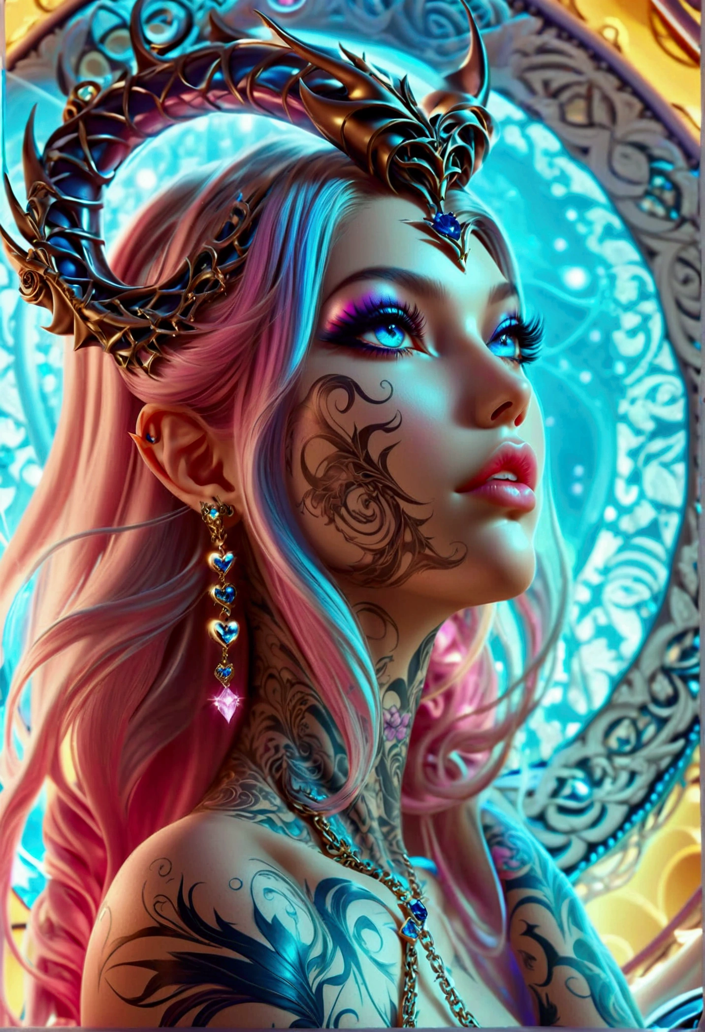 beautiful digital artwork, beautiful digital art, detailed beautiful face, 10k high quality detailed art, very beautiful digital art, digital art. highly detailed, beautiful detailed body, illuminated by a circular light that frames her head Create a hyper detailed photograph of a model perfectly simetrical hr giger tattooed curved drop dead gorgeous demone queen, Stunningly perfect gorgeous feminine face, realistic makeup, detailed vibrant neon sapphire eyes, long flowing hair, Gentle facial curves, Fuller cheek bones, Smaller and wider-set eyes, Less pronounced jawline, Symmetry perfection Proportion facial features, sexual curved heart shaped mouth, long beautiful tattooed legs, beautiful tattooed arms, perfect feminine curved body figure, detailed perfect silky skin texture, perfectly full round breasts, perfect heart shaped ass, beautiful long tattooed legs, full body, full view, fullbody pose, demon queen outfit chain Jewels, highlighted by a soft glow that enhances the dreamlike atmosphere.",