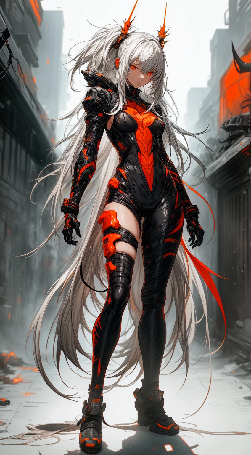 full body shot, Style by Tsutomu Nihei, ( high resolution:1.18),  complex details, ( masterpiece:1.1), ( Qualité supérieure :1.1), absurdres),(1fille, portrait, white hair, orange eyes,  Long Hair,  detailed eyes)