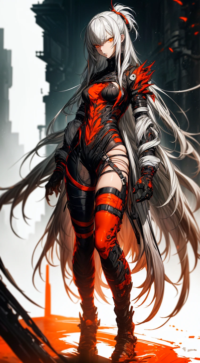 full body shot, Style by Tsutomu Nihei, ( high resolution:1.18),  complex details, ( masterpiece:1.1), ( Qualité supérieure :1.1), absurdres),(1fille, portrait, white hair, orange eyes,  Long Hair,  detailed eyes)