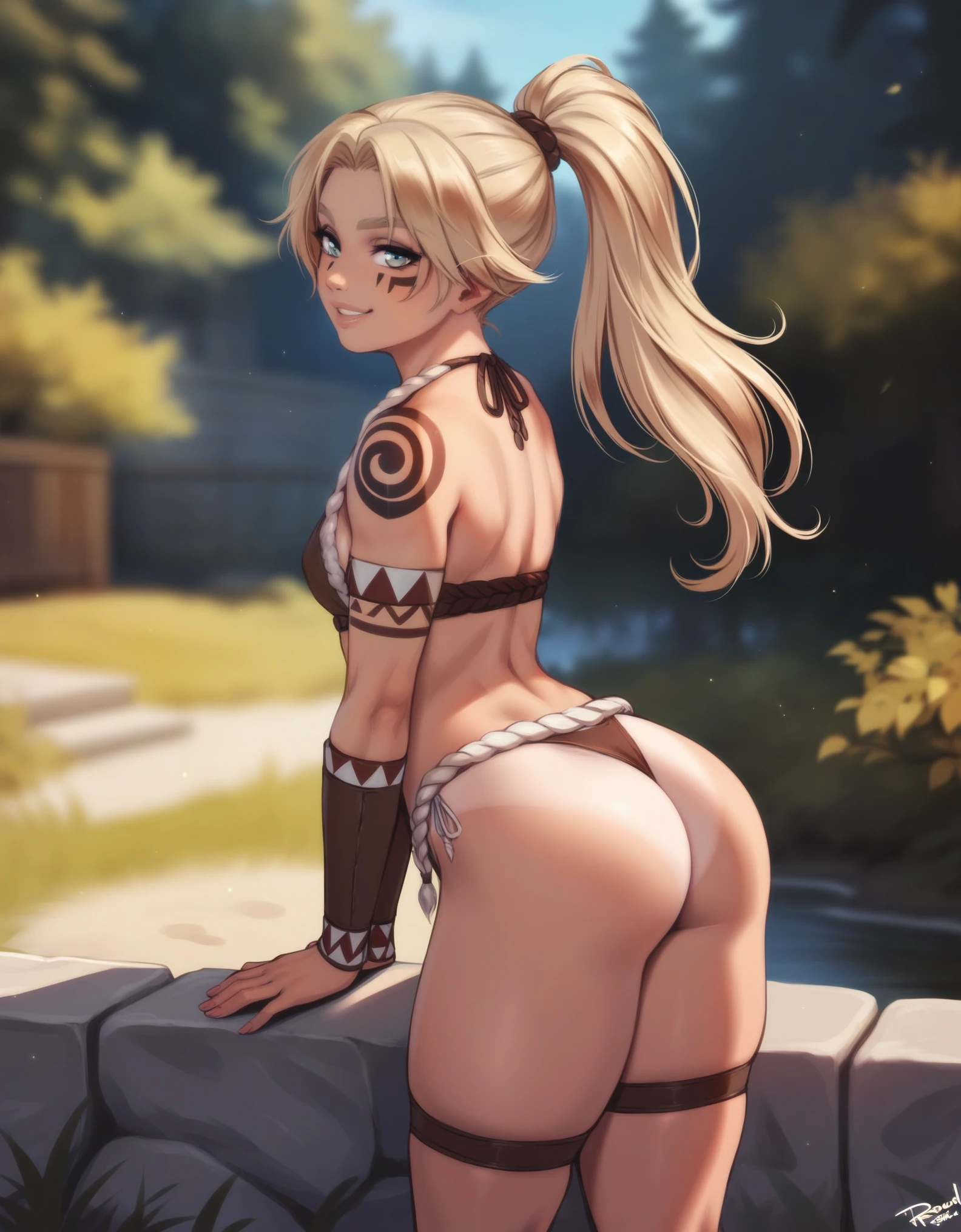 score_9, score_8_up, score_7_up, PersonalAmi Style, 1girl, solo, multiple colored hairs, smile, leaning forward, outside, posing, background, ponytail, (view from behind), , (tomboy), blonde hair, slender, pert ass, high details, sharp detailed face, detailed eyes, young, long and wild amazon hair, amazon, long hair, tattoo, tanned, in a tribal village with leaf huts and tents, very small breasts, fur, revealing amazon sex ritual outfit, ikuchan, thong,