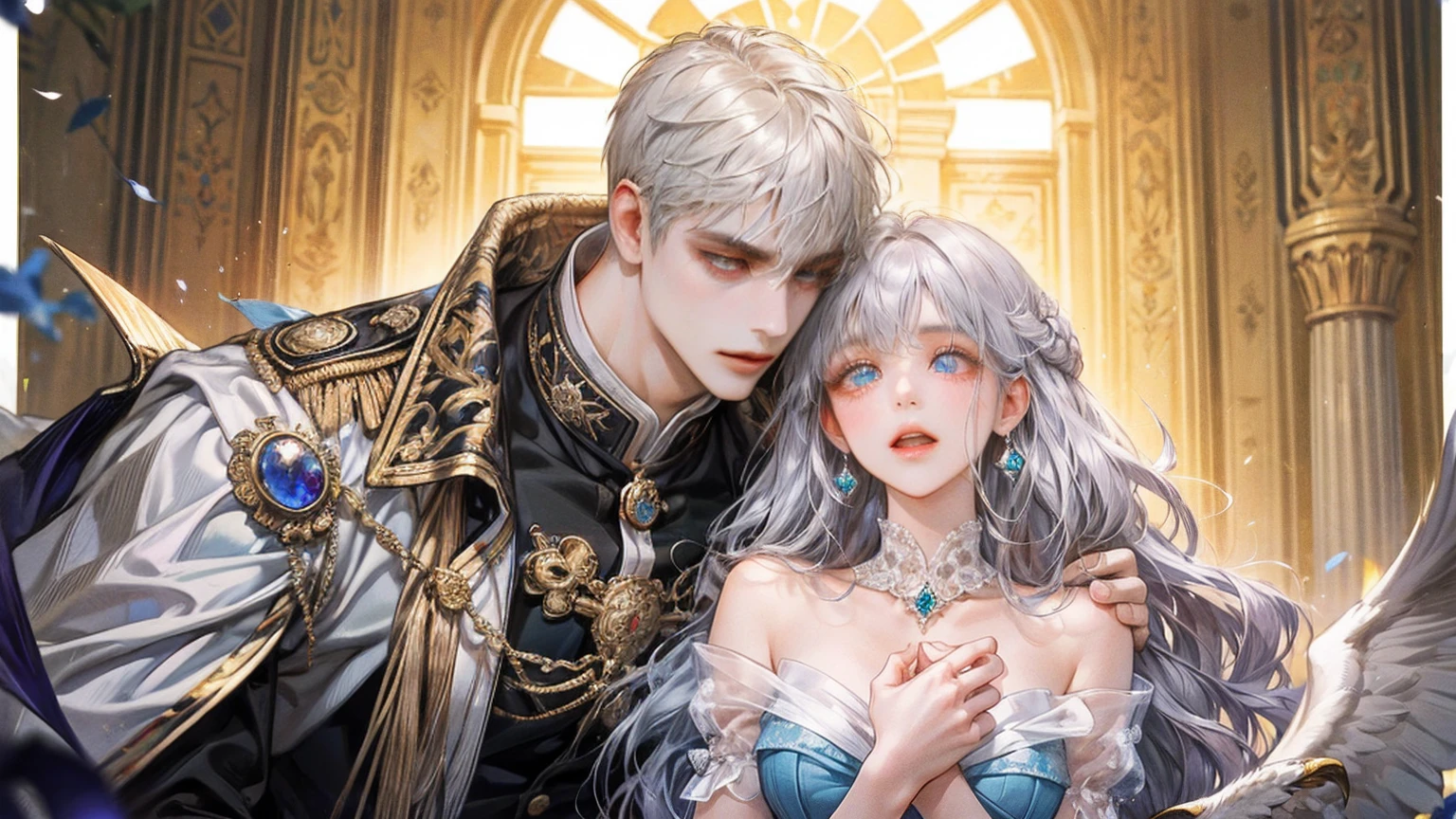 The daughter of a noble family with silver hair and blue eyes.. This woman knows how to use the power of curses. The female protagonist of a romantic fantasy novel who is reborn in the hope of revenge.. A woman cursed with a puppet is breaking the curse.. A look of determination. The background is a black temple. I&#39;m wearing a white dress. Make it like the cover of a romance fantasy web novel..