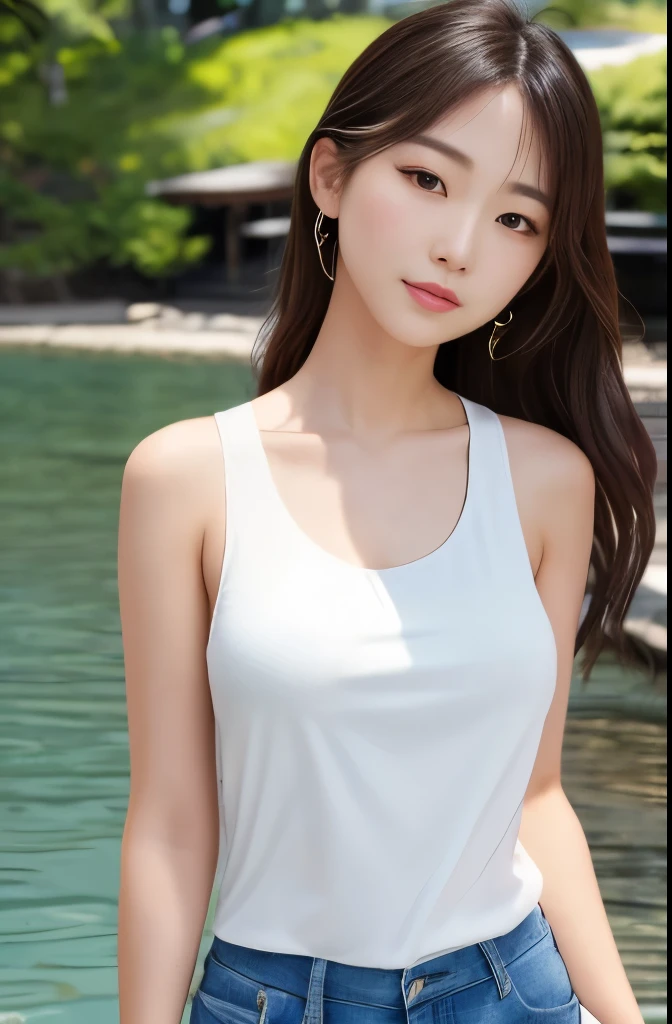 8K quality, photorealistic, realistic shadows, elegance, stunning beauty, white tank top, American-style shorts, Korean-Japanese mixed heritage, 18-year-old woman, slight smile, lakeside.