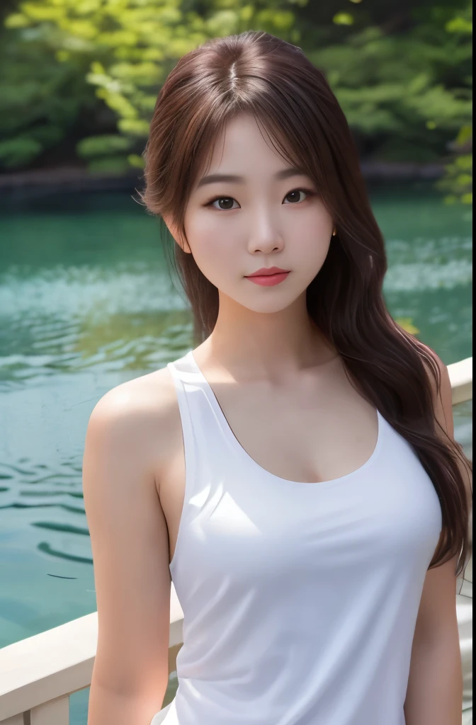 8K quality, photorealistic, realistic shadows, elegance, stunning beauty, white tank top, American-style shorts, Korean-Japanese mixed heritage, 18-year-old woman, slight smile, lakeside.