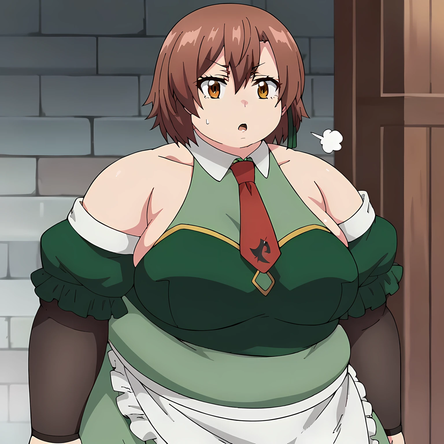 lola metrose, brown_hair, short_hair, 1girl, brown_eyes, solo, hair_between_eyes, ,    , bare_shoulders, necktie, detached_sleeves, green_dress, white_apron, looking at viewer, cowboy shot   score_9, score_8_up, score_7_up, , anime coloring ,BREAK source_anime, anime fat, chubby, obese, gigantic arms and legs, large breasts open mouth, out of breath