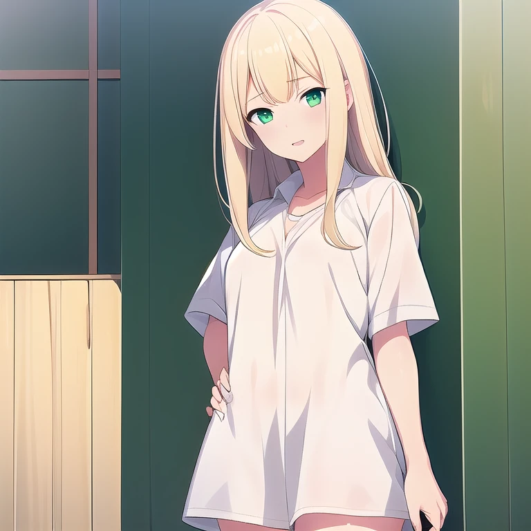 1girl,solo,cute, beautiful,Green Eyes,Blonde long hair, short shorts, white shirt, dress shirt,Pastel, 8k,perfect anime girl, anime style