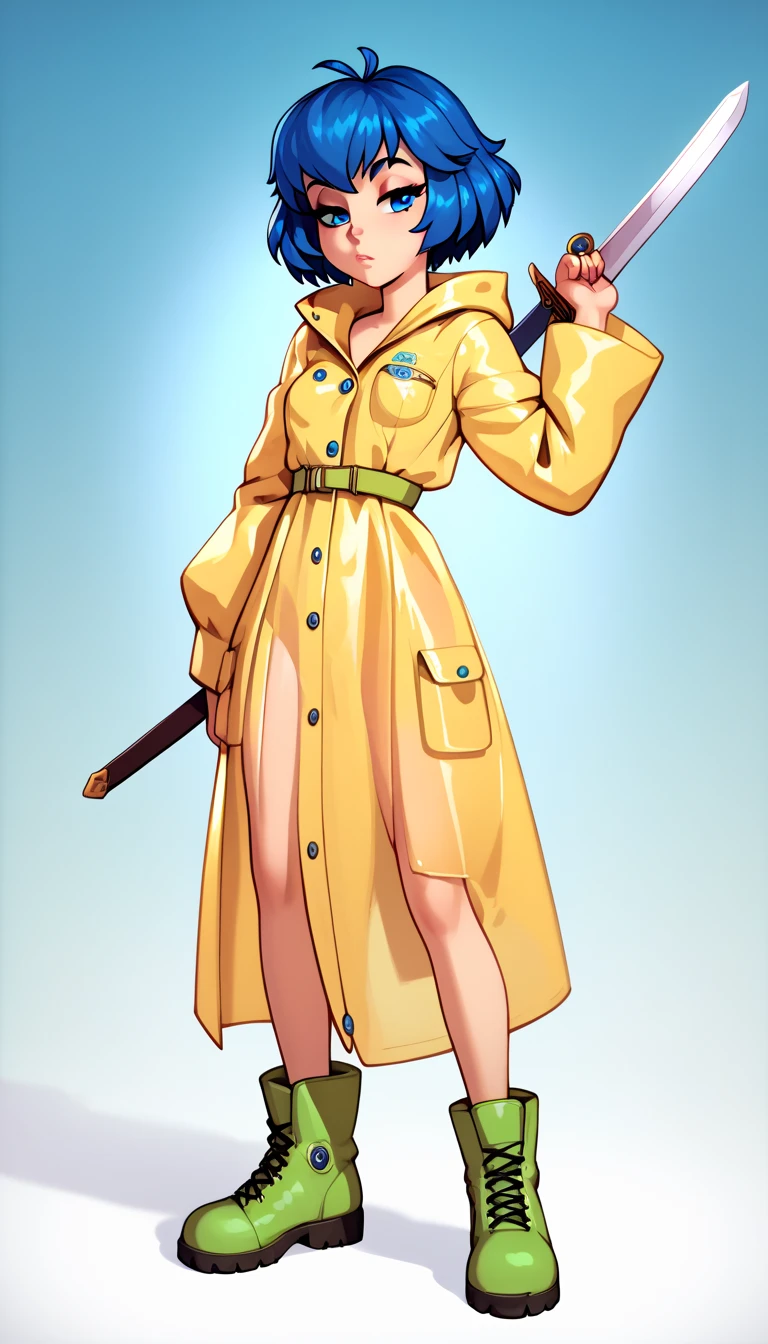 1 female, perfect, best quality, highres, caucasian, blue hair, short hair , , blue eyes, closed yellow raincoat, baggy raincoat, straight face, outpost, long legs, Knee high, half-closed eyes, small breasts, thin waist, tall, 20's, green rainboots, full body, Sword Over Shoulder pose, showing sword to viewer, heroic pose, tall woman