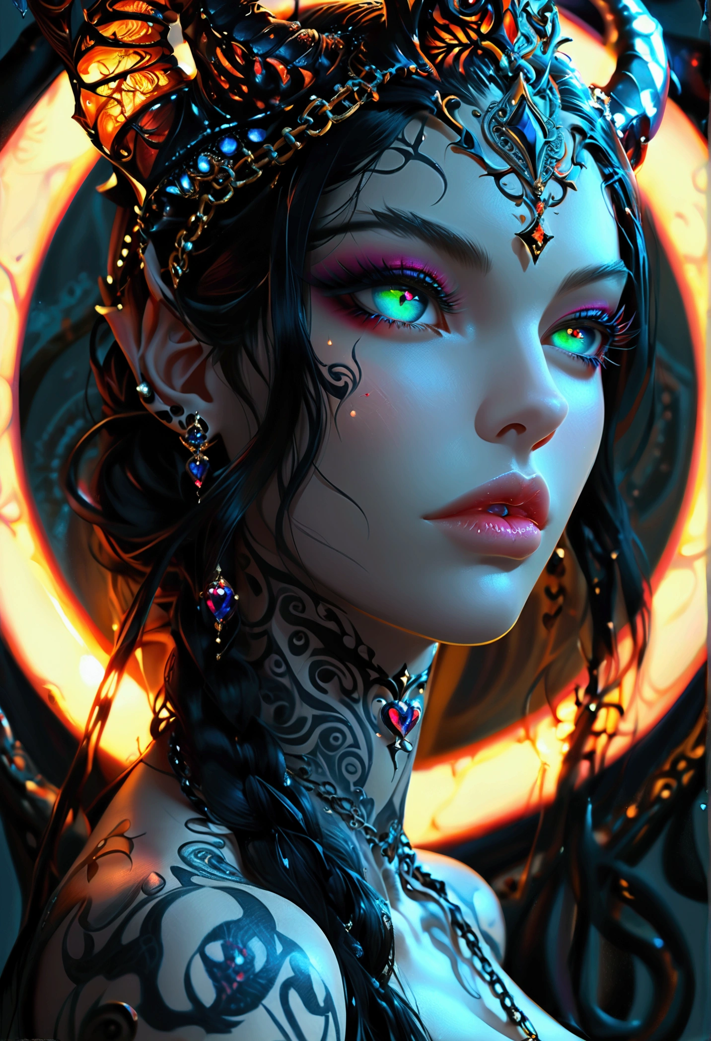 Stunningly gorgeous beautiful perfect hr giger tattooed sexy seductive demonic girl, perfect face, hyper detailed neon sapphire eyes, large breasts, full body view, nude