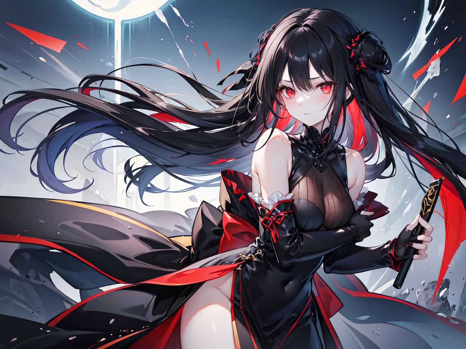 (masterpiece, best quality, high resolution:1.5), 1girl, (mature) , solo, black hair, ponytail, red eyes , fantasy, dynamic pose, night, moon