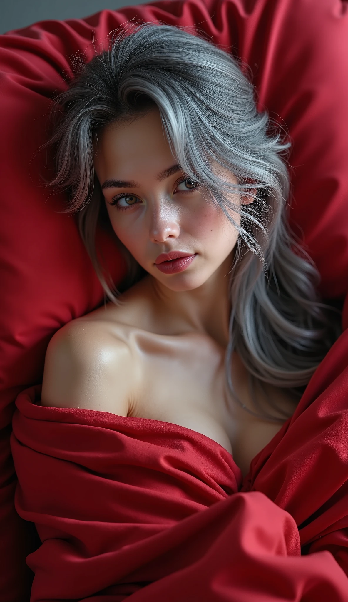 Sexy young girl, red lingire cloth, long silver hair, blue eyes, lies down in bed