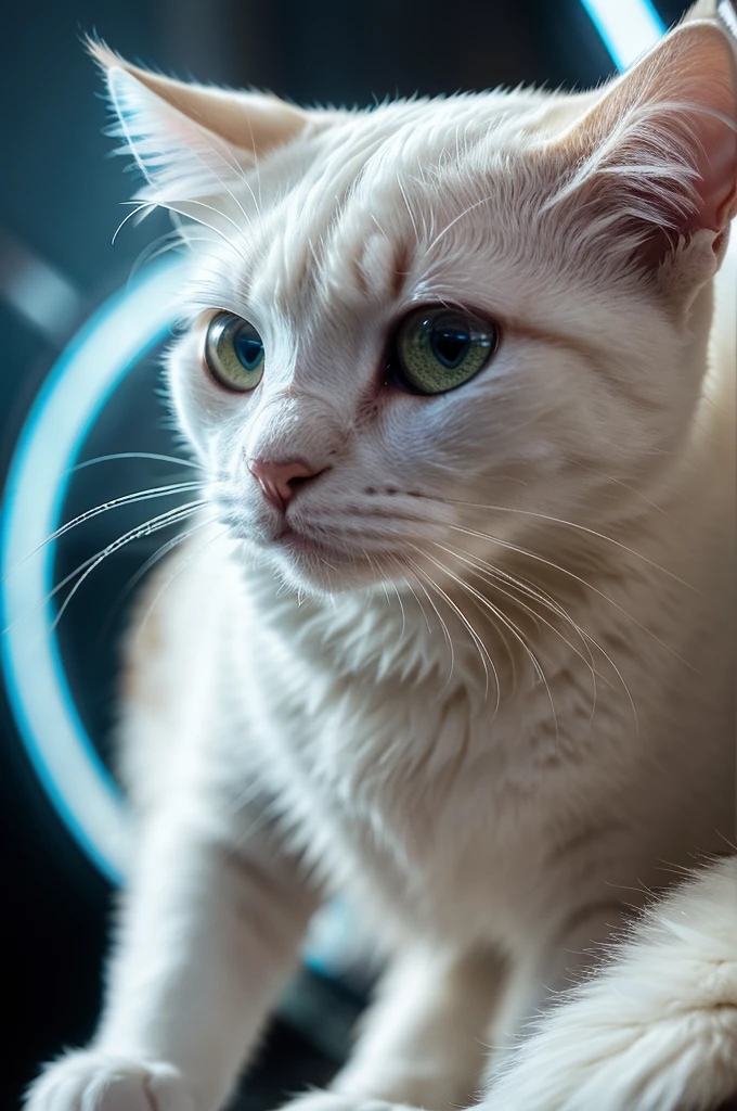 A close-up portrait of a white cat in a parallel universe, hyper detailed, cinematic, dramatic lighting, intricate sci-fi environment, neon lights, floating islands, alien architecture, glowing crystals, volumetric fog, futuristic, highly detailed, photorealistic, 8k, masterpiece, award winning, cinematic composition, dramatic angles, mood lighting, epic scale, sense of wonder, awe-inspiring