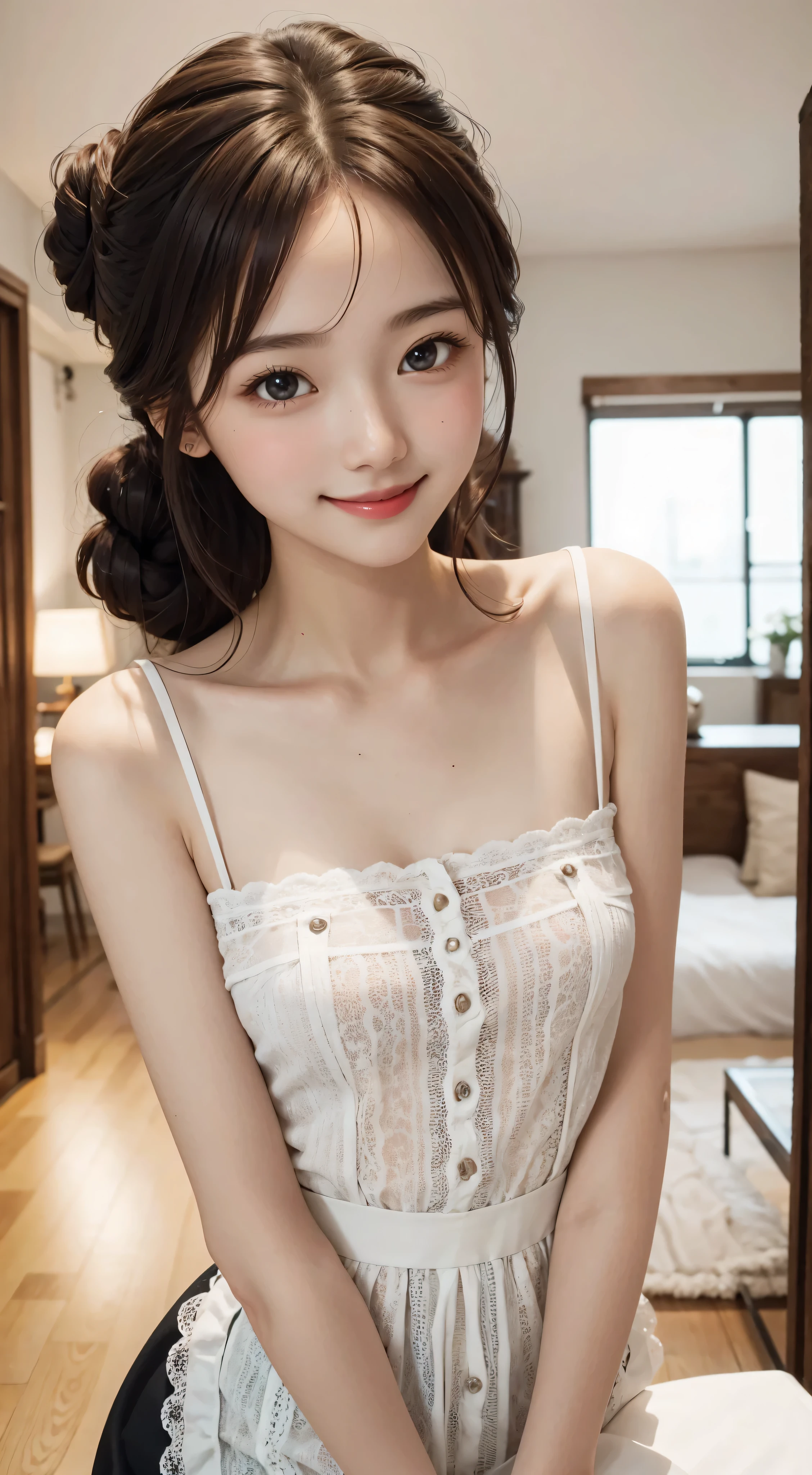 Maid,cute pretty girl,masterpiece,high definition,4k,8k,16k,chignon hair,brown hair,skinny,thin body,smile