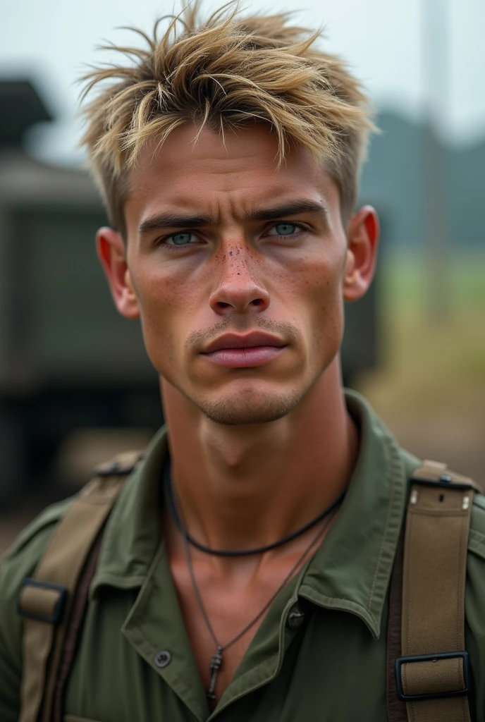 male version, blond hair, broad and strong chin, blue eyes, handsome boy, curtain bangs. strong and muscular boy, handsome and cheerful. smooth face without beard. hair with bangs. tall and strong. muscular man (military attire, camouflage, tactical clothing) (middle east, desert) Dirty body.