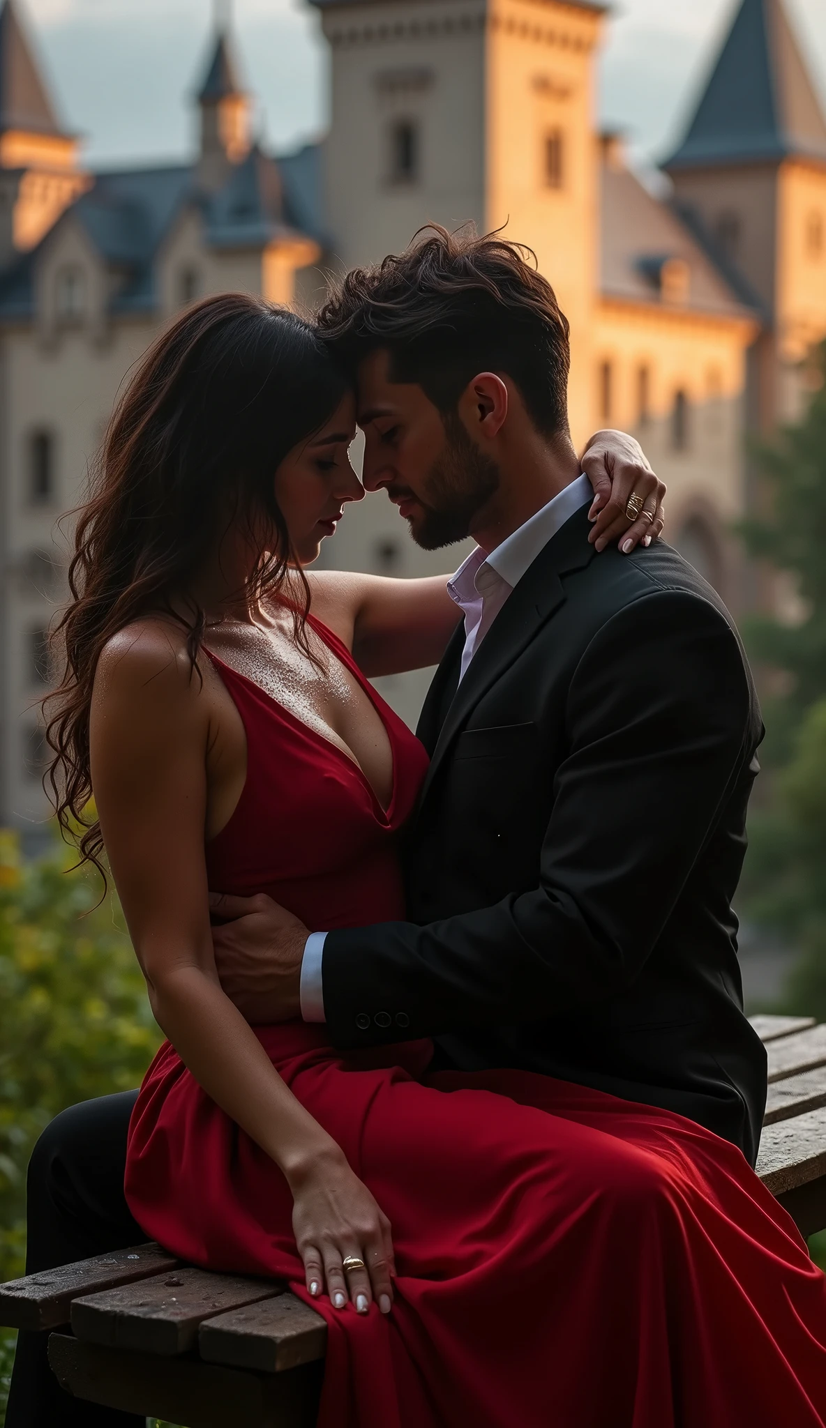 A woman black hair thats a braided wreath, a short bordeaux red dress with small carriers, outside a caffee. Realistic but not too realistic
Her dress is narrow
Next to her a man with black tousled hair and He has no beard. kissing her. Her arms around his neck his hand on her hip