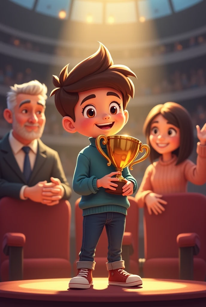Image of the boy receiving applause, his face filled with relief and pride, capturing the moment of accomplishment.