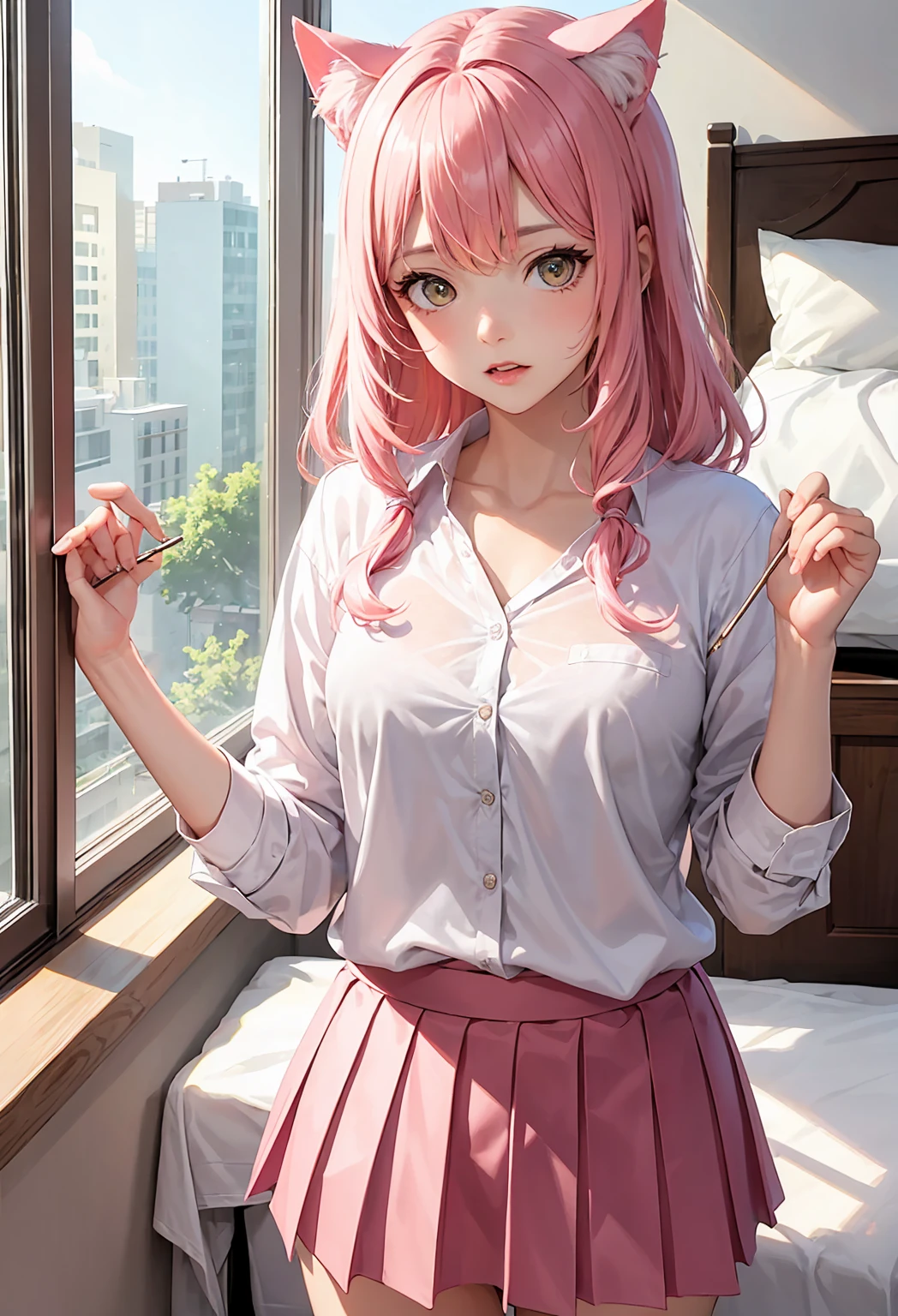 sexy girl with (pink and blue hair) on grass showing her underwear, ((upskirt)), camel toe, sexy underwear, long white stockings, skirt, bedroom, ((detailed face)), (detailed eyes), detailed, ((detailed hands)).