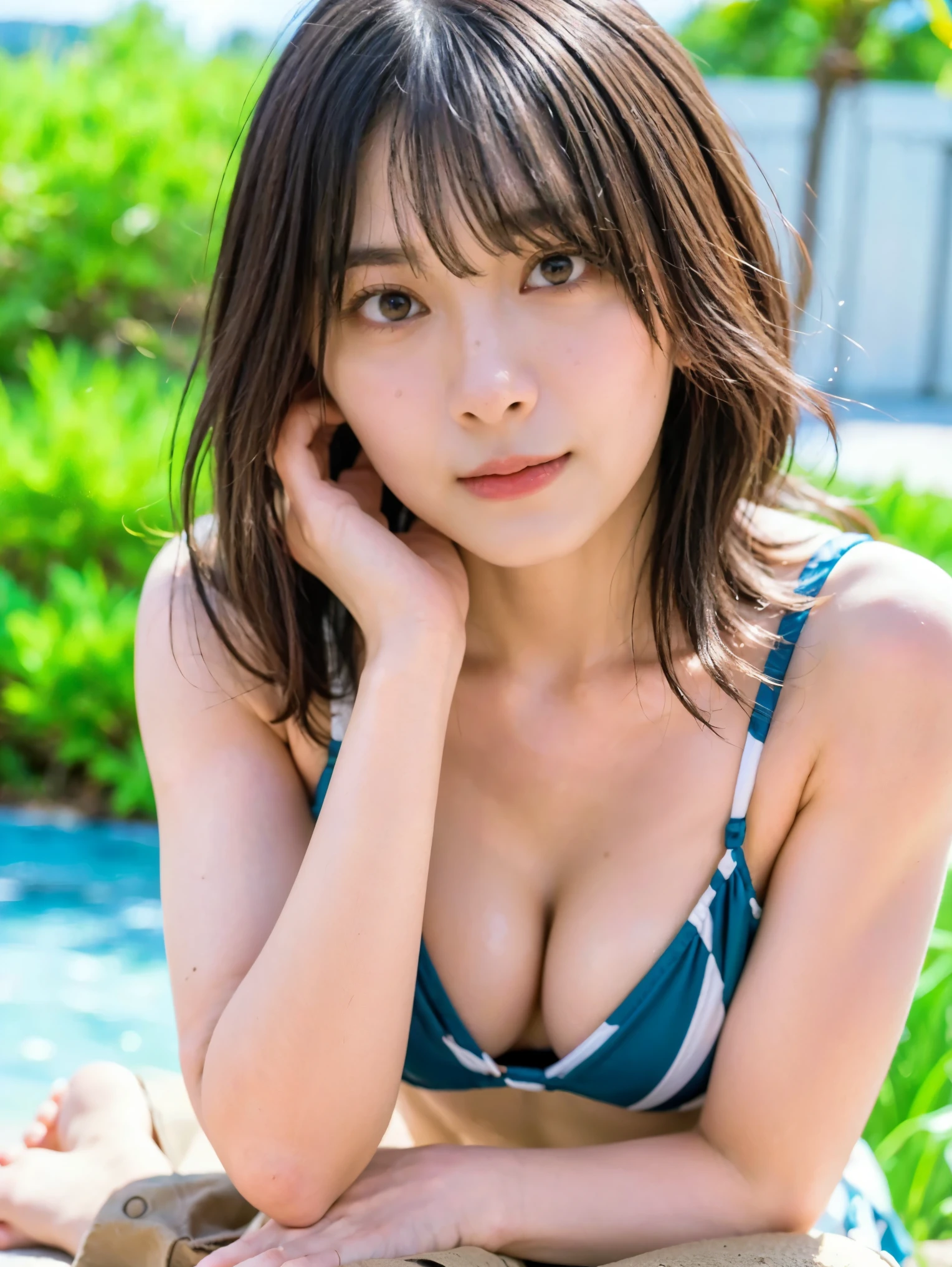  high resolution pictures of Japanese actresses , (Realistic, photo-Realistic:1.2), ( best quality, masterpiece),  RAW Photos,  intricate detail,  extremely detailed,  very detailed,  very detailed,  sharp concentration, (full body,  shot from the front:1.4), 甜of, Alone,  1 girl,  posing for erotic photos,  Sensual Poses , ( micro bikini, Sandals:1.4),  Big Breasts ,  dark haired,  dark brown medium hair, (  detail face  ,  beautiful detailed eyes, Beautiful dark brown eyes ,  sophisticated nose ), ( sandy beachの上に立っている,), perfect anatomy, Perfect hands, Photo Backdrop , Outdoor,  sandy beach, Blue sky and clouds,