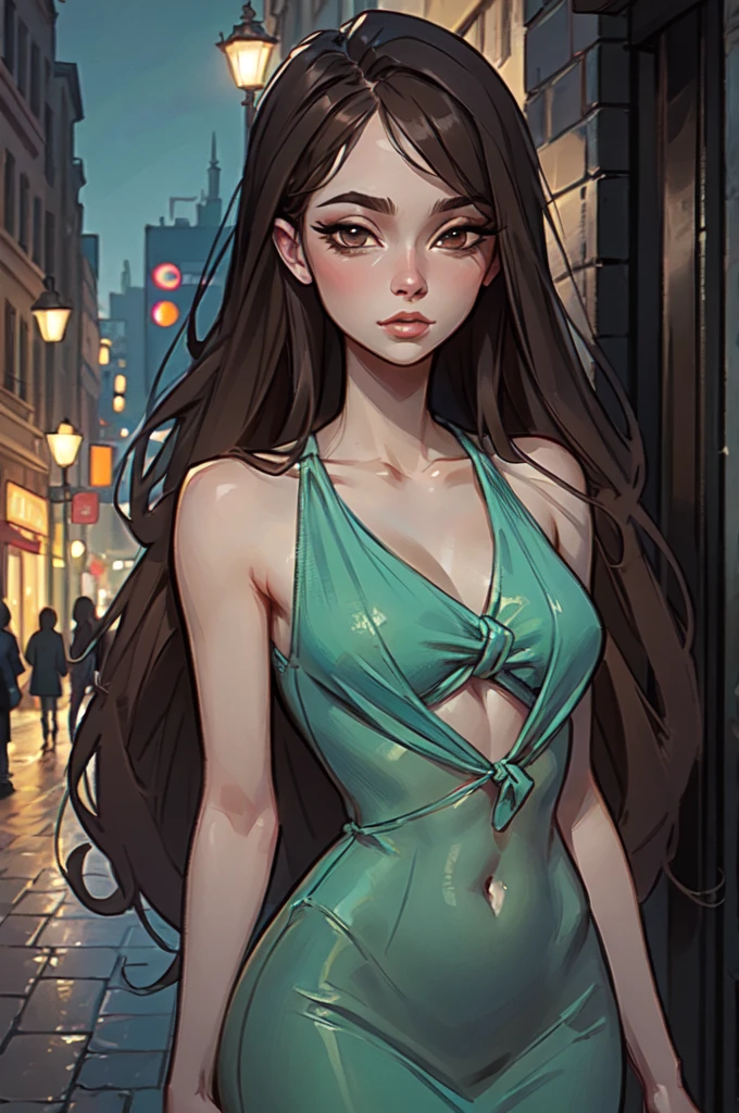 (Best quality, 8K, Masterpiece: 1.3), Clear focus: 1.2, Beauty: 1.4, Abs: 1.1, Brown hair, Aqua dress: 1.4, Night outdoors: 1.1, City streets, fine face and eyes, double eyelids. Realistic lighting added, pay attention to adjust the proportions.