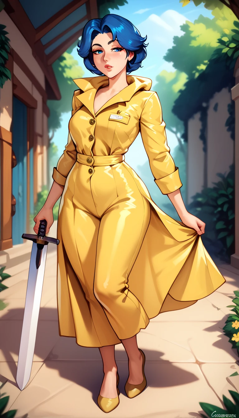 1 female, mature female, mature, mature woman, perfect, best quality, highres, caucasian, blue hair, short hair , , blue eyes, closed yellow raincoat, baggy raincoat, straight face, outpost, long legs, Knee high, half-closed eyes, small breasts, thin waist, tall, green rainboots, full body, Sword Over Shoulder pose, showing sword to viewer, heroic pose, tall woman