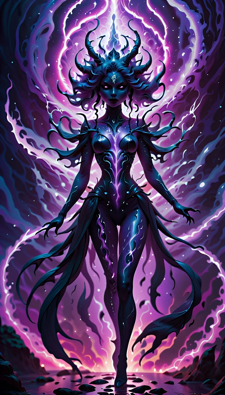 Highly detailed, cosmic Gothic surrealism, (she-demon:1.5), ashen skin with subtle iridescent purple highlights, piercing glowing violet eyes, and sharp elongated fangs. Her flowing dark hair shimmers with streaks of cosmic energy, cascading in twisting waves. Her sharp claws glint with metallic hues, and her forked tongue flickers with a faint, otherworldly glow. Her body is adorned with shimmering, fractal-like markings resembling eyes that pulse faintly with light, adding an eerie, sentient aura. Her large, jagged wings are semi-translucent, with glowing purple veins and edges that tear into the surrounding space.

A dark, swirling aura envelops her, distorting reality around her form. Tears in space ripple outward, revealing glimpses of fragmented galaxies, celestial storms, and cosmic chaos. The background features a surreal landscape of jagged floating mountain fragments, glowing with ethereal purple light, surrounded by a shattered night sky filled with luminous rips in reality. Phosphorescent flora grows along jagged cliffs, and warped trees twist unnaturally toward her.

A vibrant purple and black color palette dominates the scene, accented by flashes of silver and glowing cosmic energy. Crackling lightning and bursts of dimensional energy illuminate the darkness, highlighting her imposing and graceful figure. Dramatic lighting and deep shadows accentuate her presence, blending supernatural allure with Gothic surrealism. The she-demon emanates an aura of cosmic power, commanding fear and fascination, embodying untamed strength and otherworldly beauty