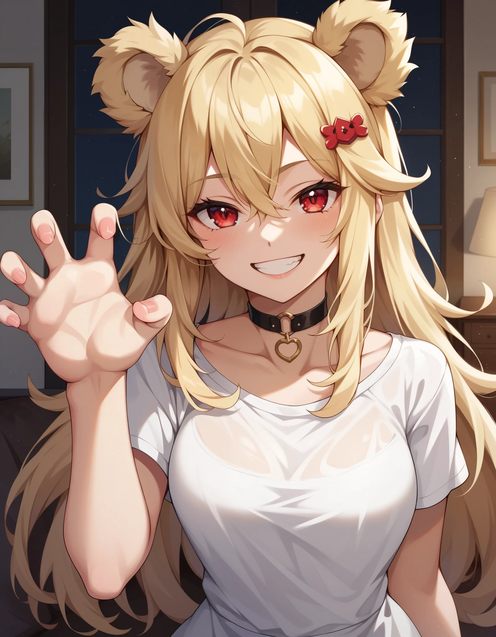 1girl, blonde hair, messy hair, long hair, red eyes, animal ears, bear ears, hairpin, short dress, choker, claw pose, evil smile, indoors, bedroom BREAK,masterpiece, best quality,score_7_up,score_8_up,score_9,