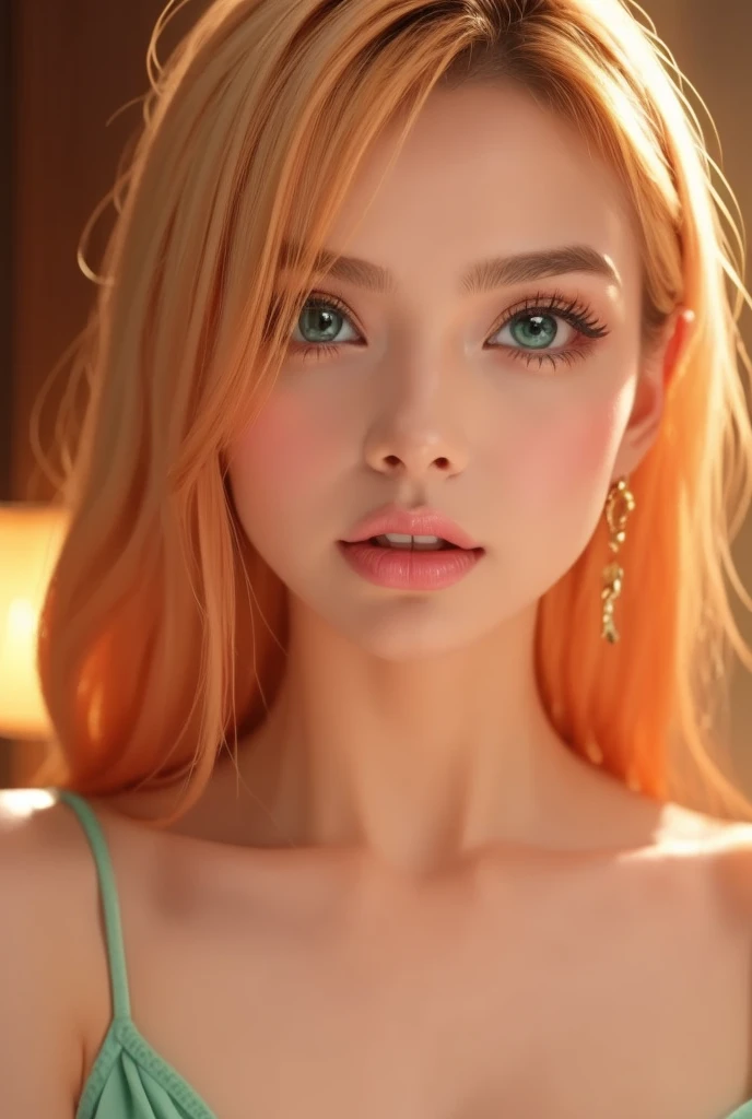 , face close-up ,-yeld gi (cute), (:1.6),Big Mouth , Thick lips,  moist lips  ,  Plump Lips, Plump Lips, Lips that shine with lip gloss, blond,  Very detailed, short bob hair, (masterpiece,  side lighting ,   Stylish eye makeup with attention to detail: 1.2) (Perfect oval, Big eyes that stare at the viewer ),Watery eyes,Beautifully detailed face, green, nice,  perfect eyes, (  attractive若い女性:1.3), ( attractive:1.1), (:1.1)、Interior lighting